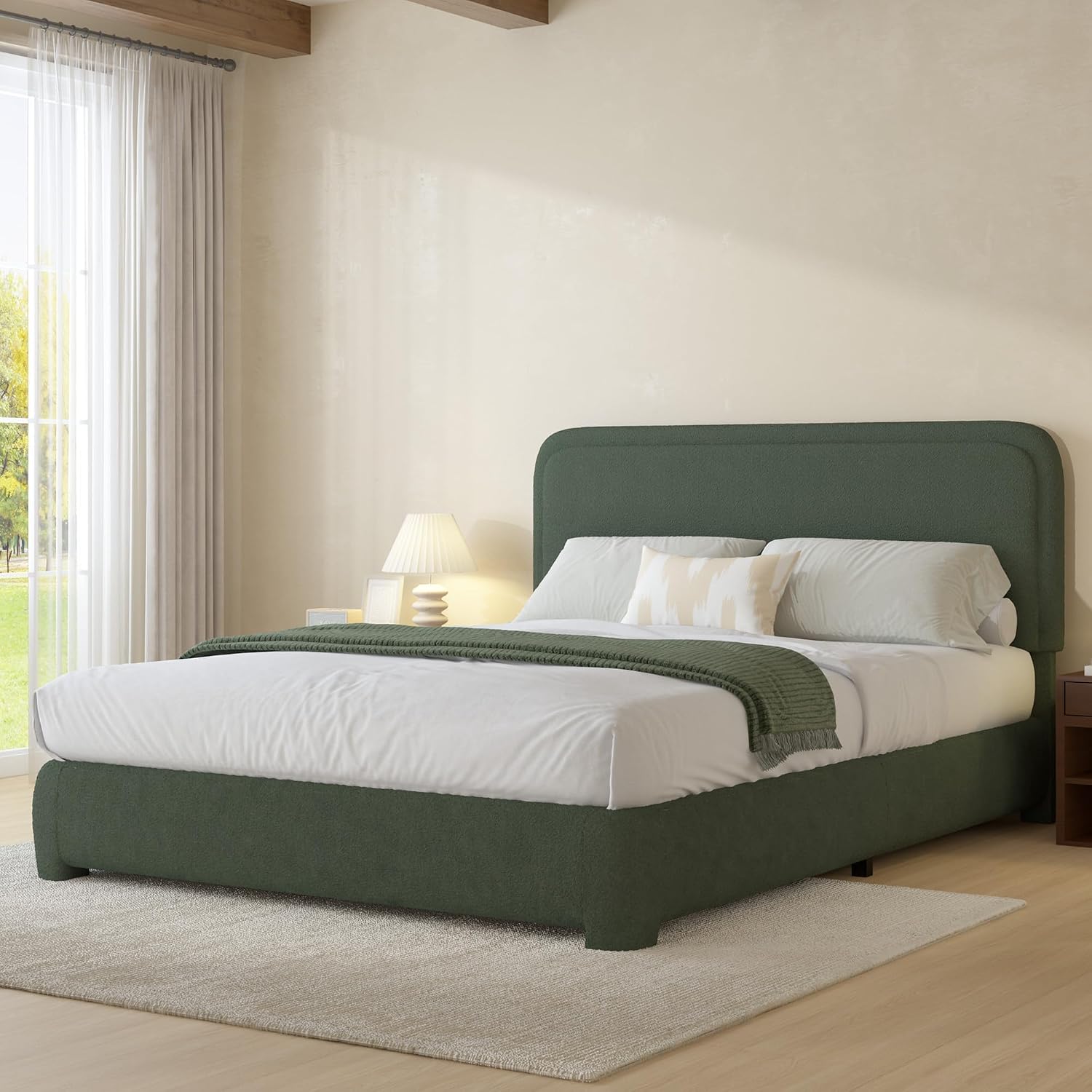 BarnFurin Full Bed Frame, Cloud Boucle Headboard, Rounded Corners, White | Soft boucle and rounded edges create a low-profile cloud look. Wooden slats support the mattress without a box spring