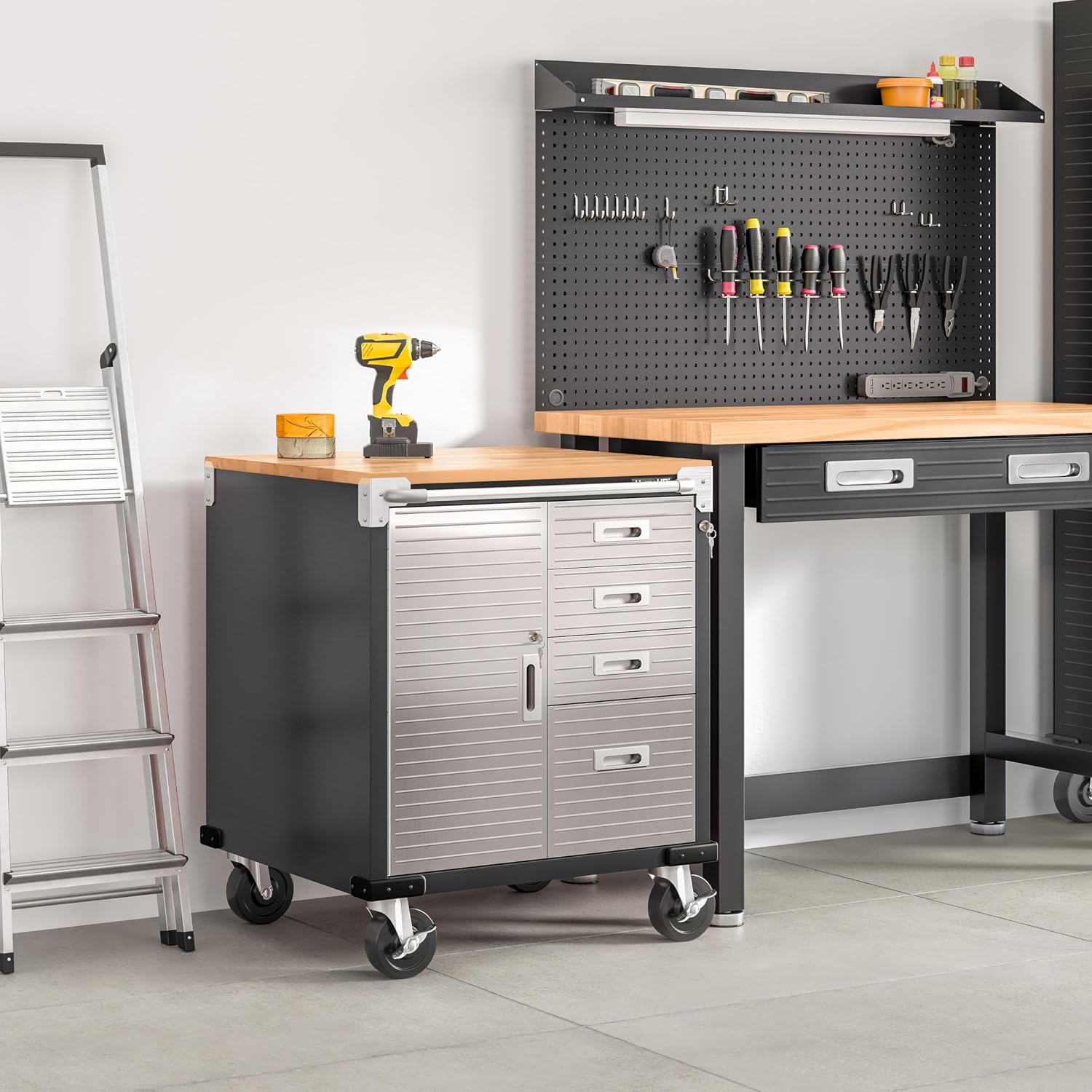 Seville Classics UltraHD Heavy Duty Rolling Cabinet Workbench Table w/Solid Wood Top, Workstation for Garage, Office, Workshop, Granite, 6-Drawer (28" W x 18" D