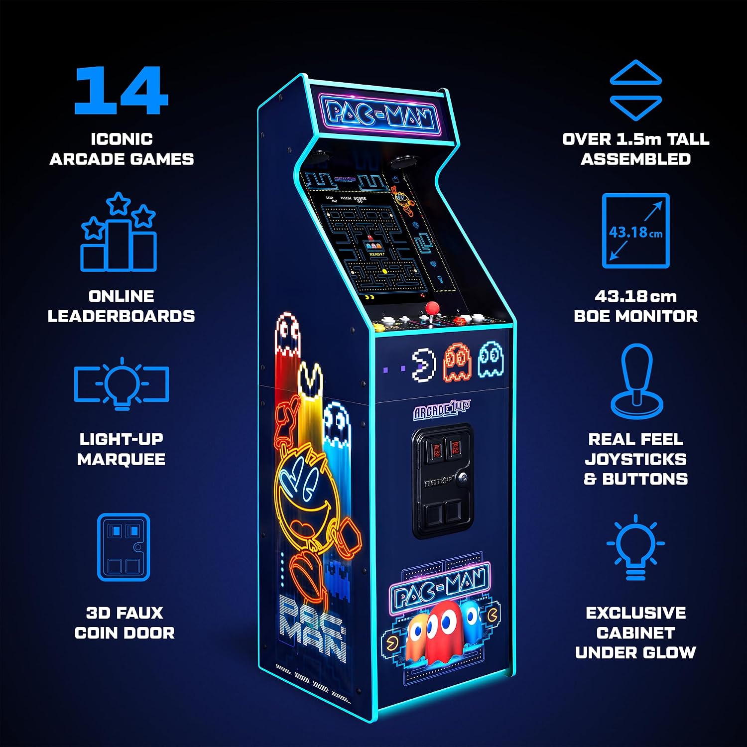 Arcade1Up Pac-Man Deluxe Arcade Machine, 14 Games, Neon | 17-Inch Screen, Retro Console Cabinet for Home, Stand Up Video Game, 5 Feet Tall