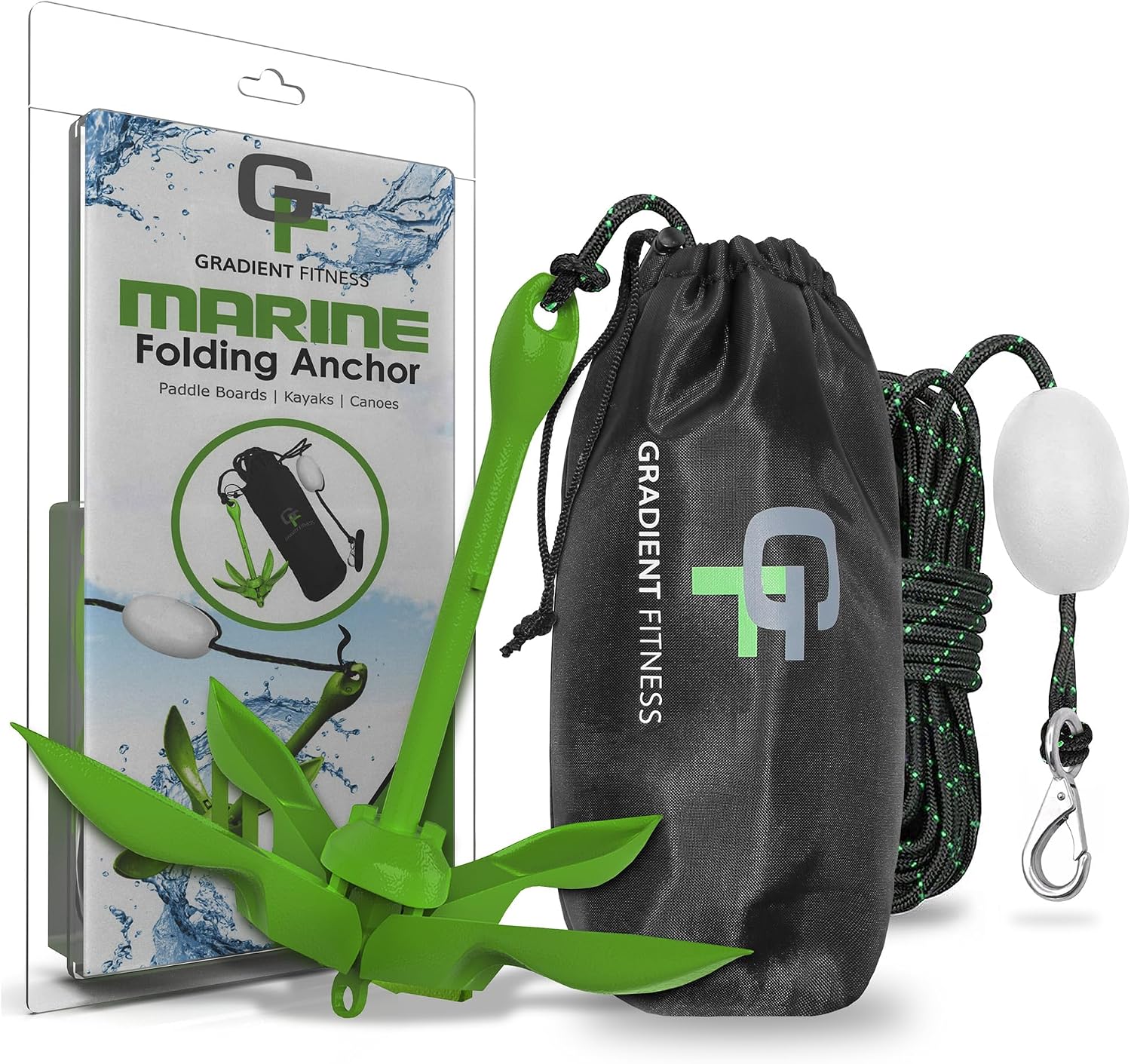 Kayak Anchor Kit - 3.5 lb, Green - Folding Grapnel Anchor with 25 ft Rope | Gradient Fitness boat anchor kit for paddle boards, SUPs, canoes, jet ski