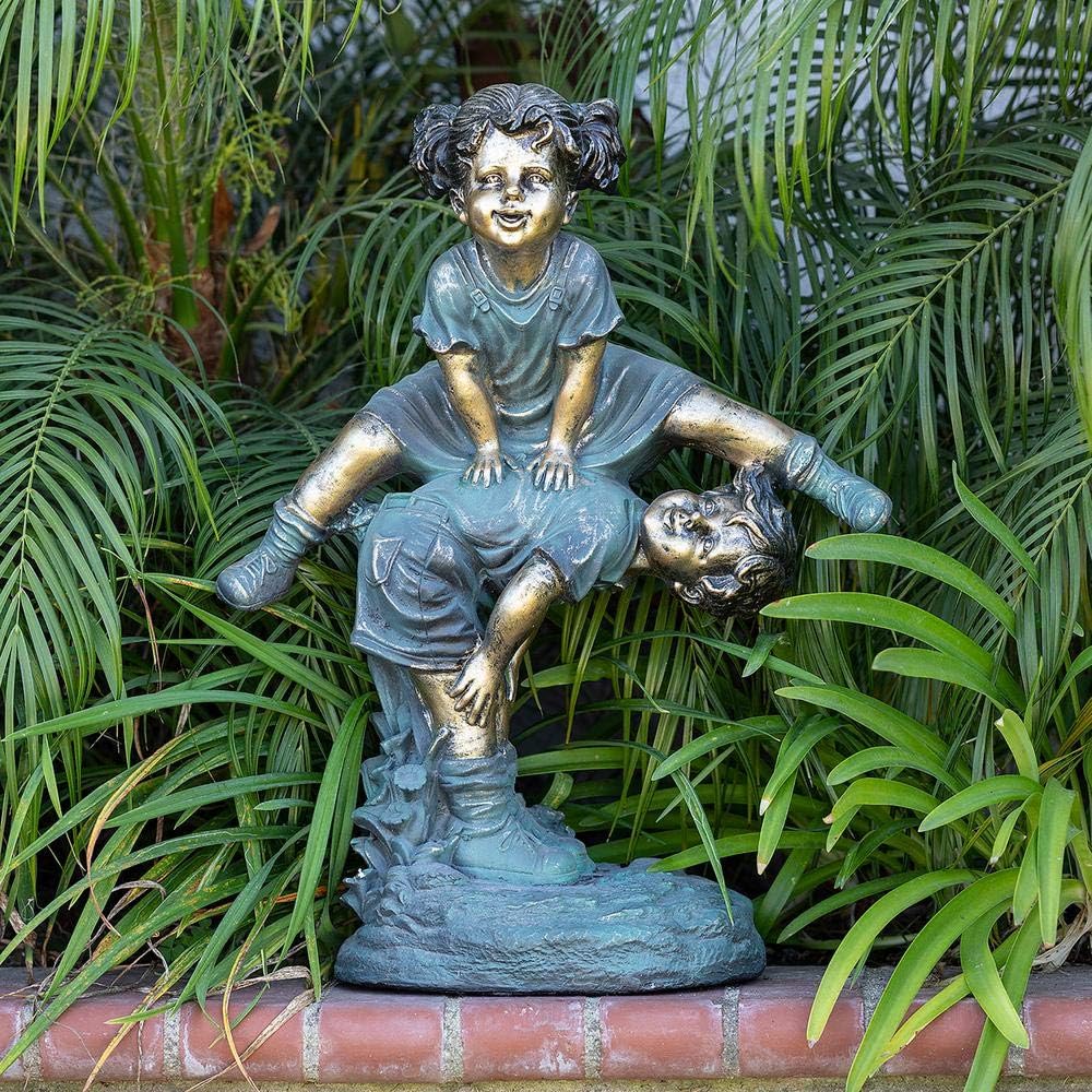 Alpine Corporation 26" Tall Indoor/Outdoor Girl Jumping Over Boy Statue Yard Art Decoration