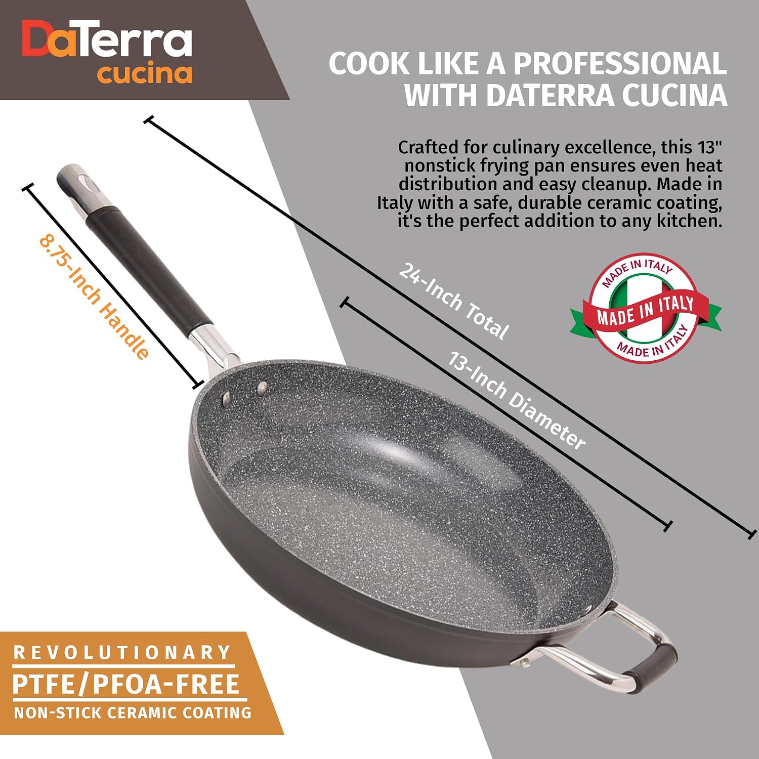 DaTerra Cucina - Ceramic Frying Pan, Induction & Oven, Made In Italy, 9.5" | Made in Italy, Induction Compatible, Oven-Safe up to 450°F, PFAS-free, Ergonomic Handle, Easy Cleanup, Even Heating