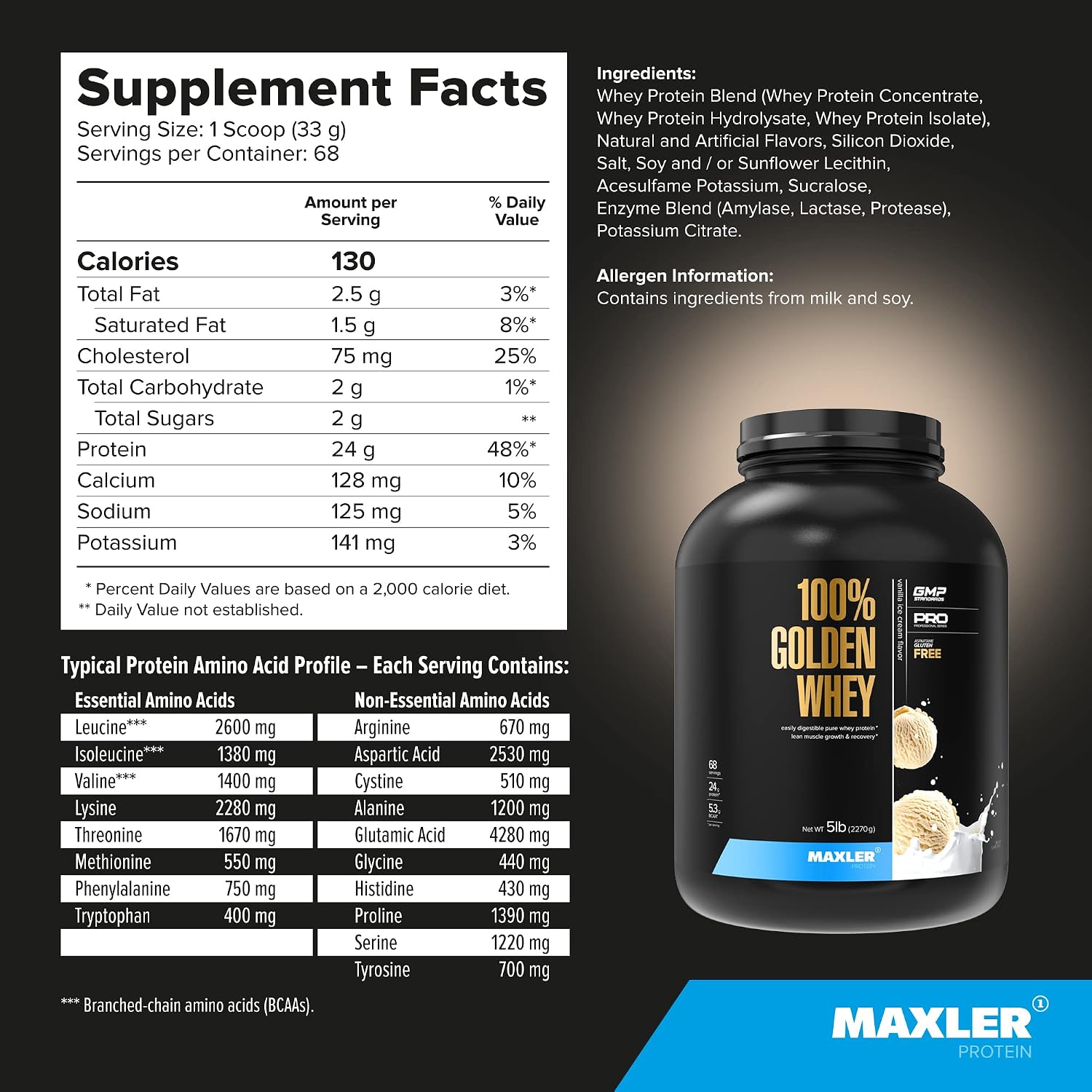 100% Golden Whey Protein - 24g of Protein per Serving - Whey Protein Powder for Pre Post Workout - Fast-Absorbing Whey Concentrate, Isolate & Hydrolysate Blend - Vanilla Ice Cream 2 lb