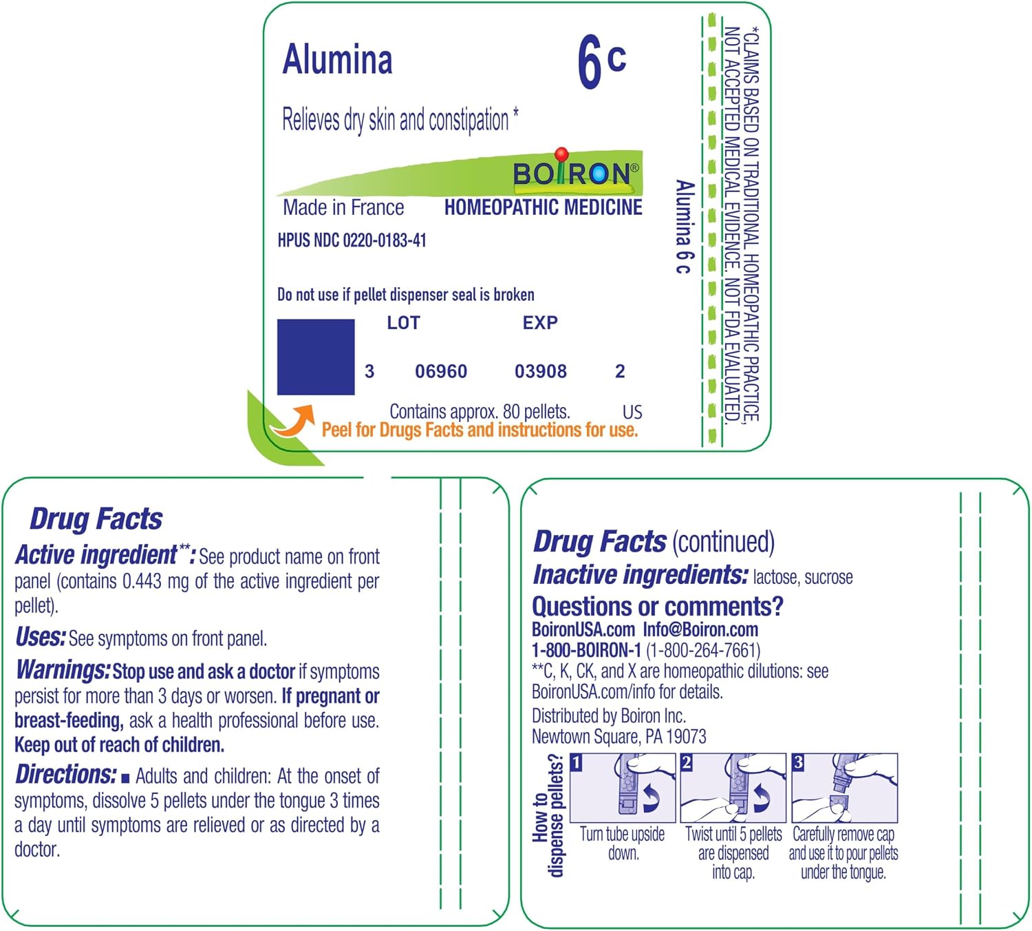 Boiron Alumina 6C for Dry Skin & Constipation - 80 Pellets | Single-medicine homeopathic pellets for Dry Skin & Constipation. Size: 80 Pellets.