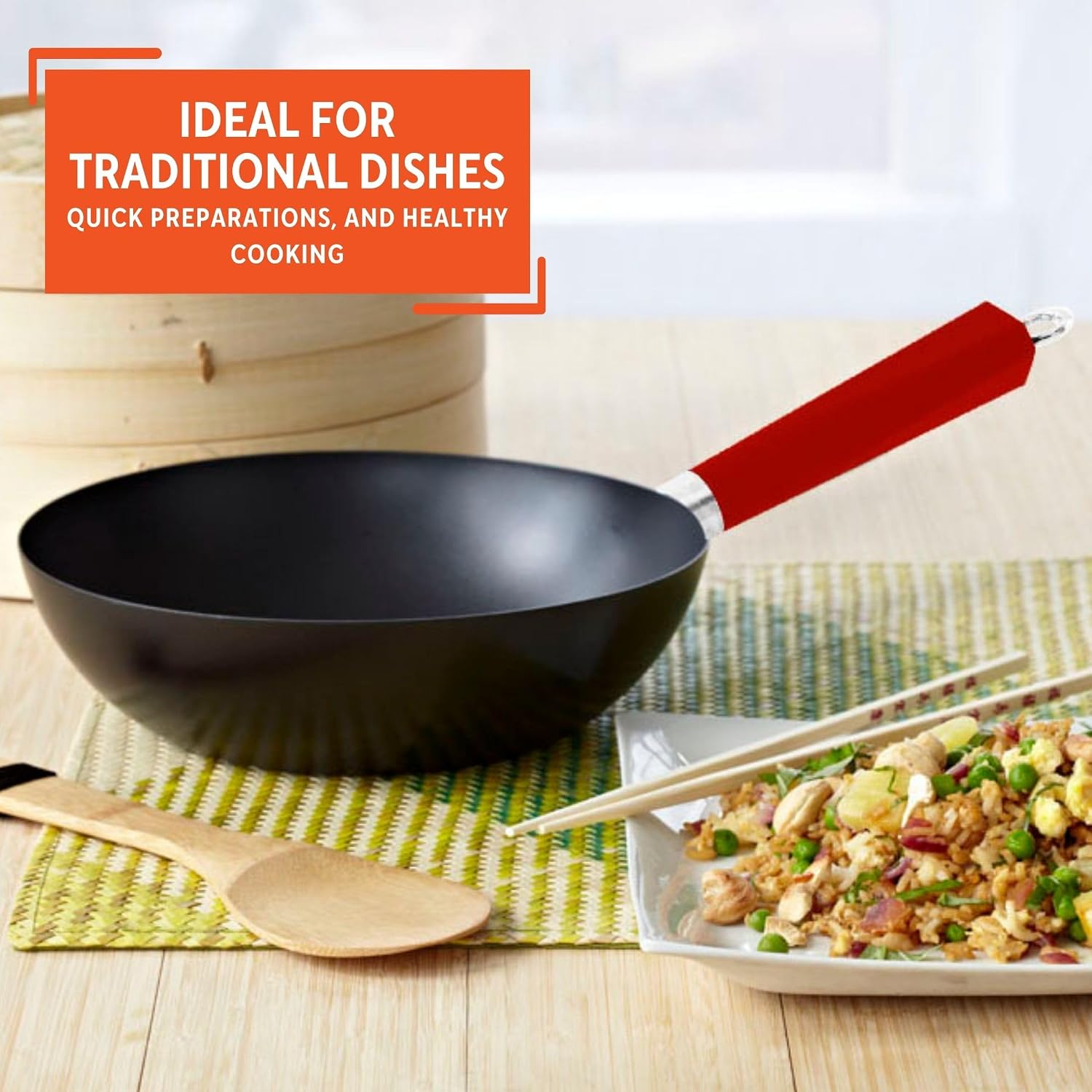 IMUSA 9.5 Inch Carbon Steel Nonstick Wok with Cool-touch Handle, Black | Cool-Touch Handle, Ideal for Stir Fry, Great for Everyday Meals