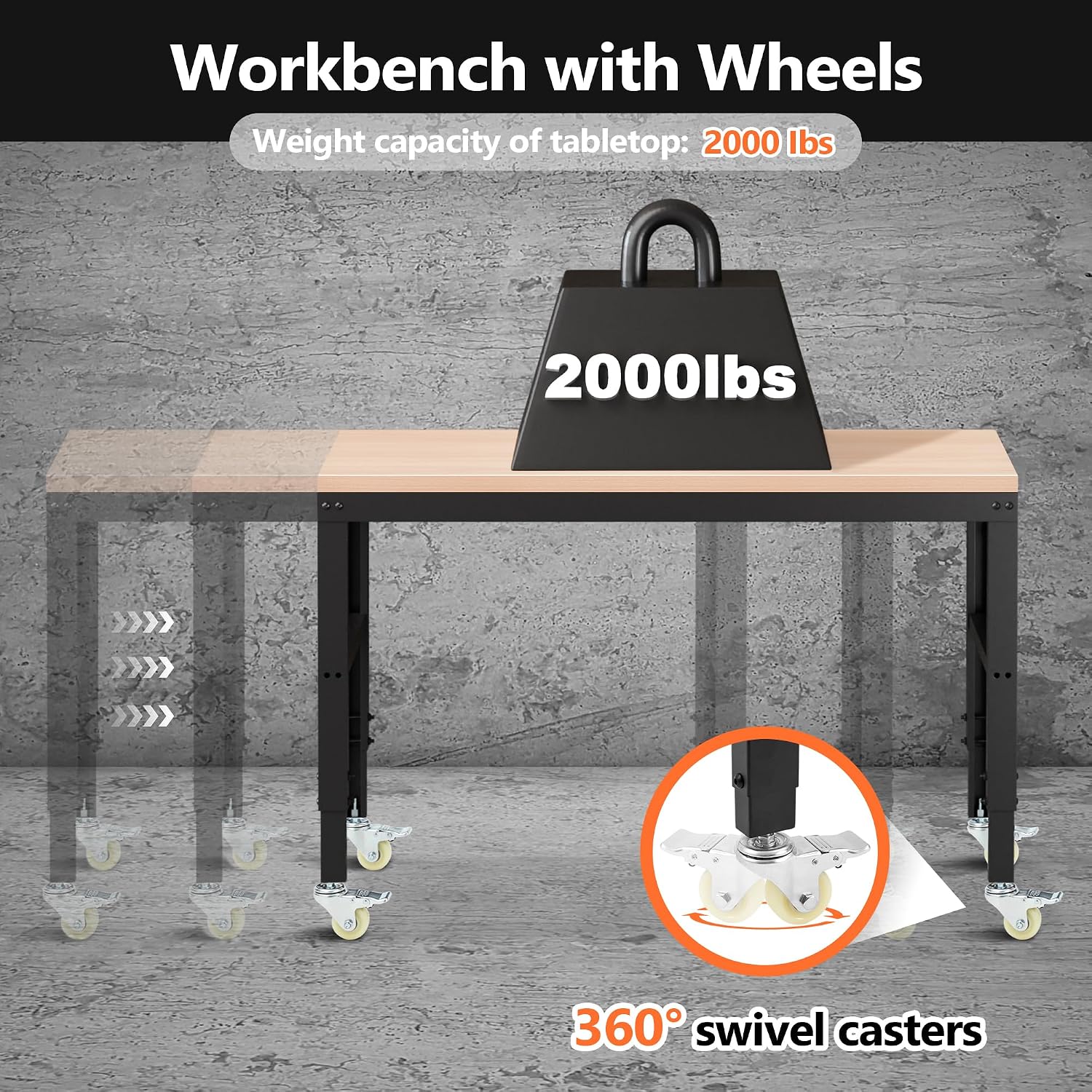 Antifir 60" Adjustable Workbench, Heavy Duty Wood Workstation | Garage Workbench, 2000 LBS Load Capacity, Work Table with Power Outlet and Foot Pads for Commercial, Workshop, Office, Home