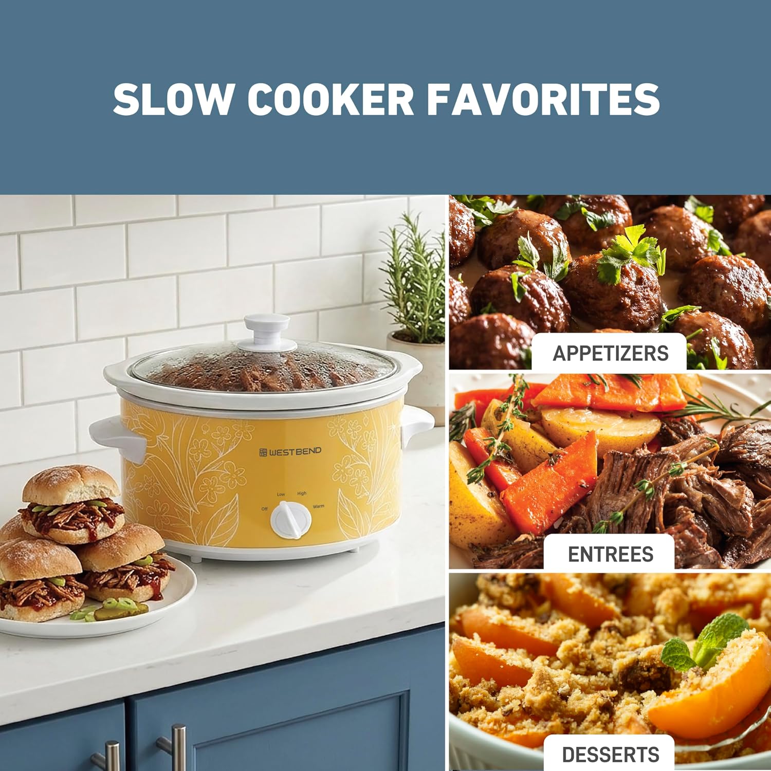 West Bend Slow Cooker 4-Quart Manual Crockery Style with Dishwasher Safe Oval Ceramic Crockpot and Glass Lid Two Temperature Settings Plus Keep Warm, 210-Watts, Black