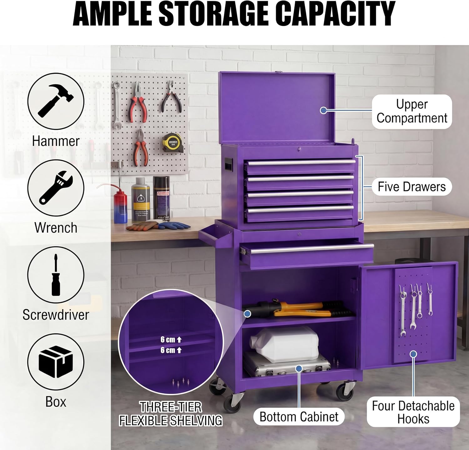 Goplus Rolling Tool Chest, 5-Drawer Tool Box Organizer w/Lockable Wheels & Sliding Drawers & Detachable Top & Adjustable Shelf, Tool Storage Cabinet for Garage Workshop (Red)