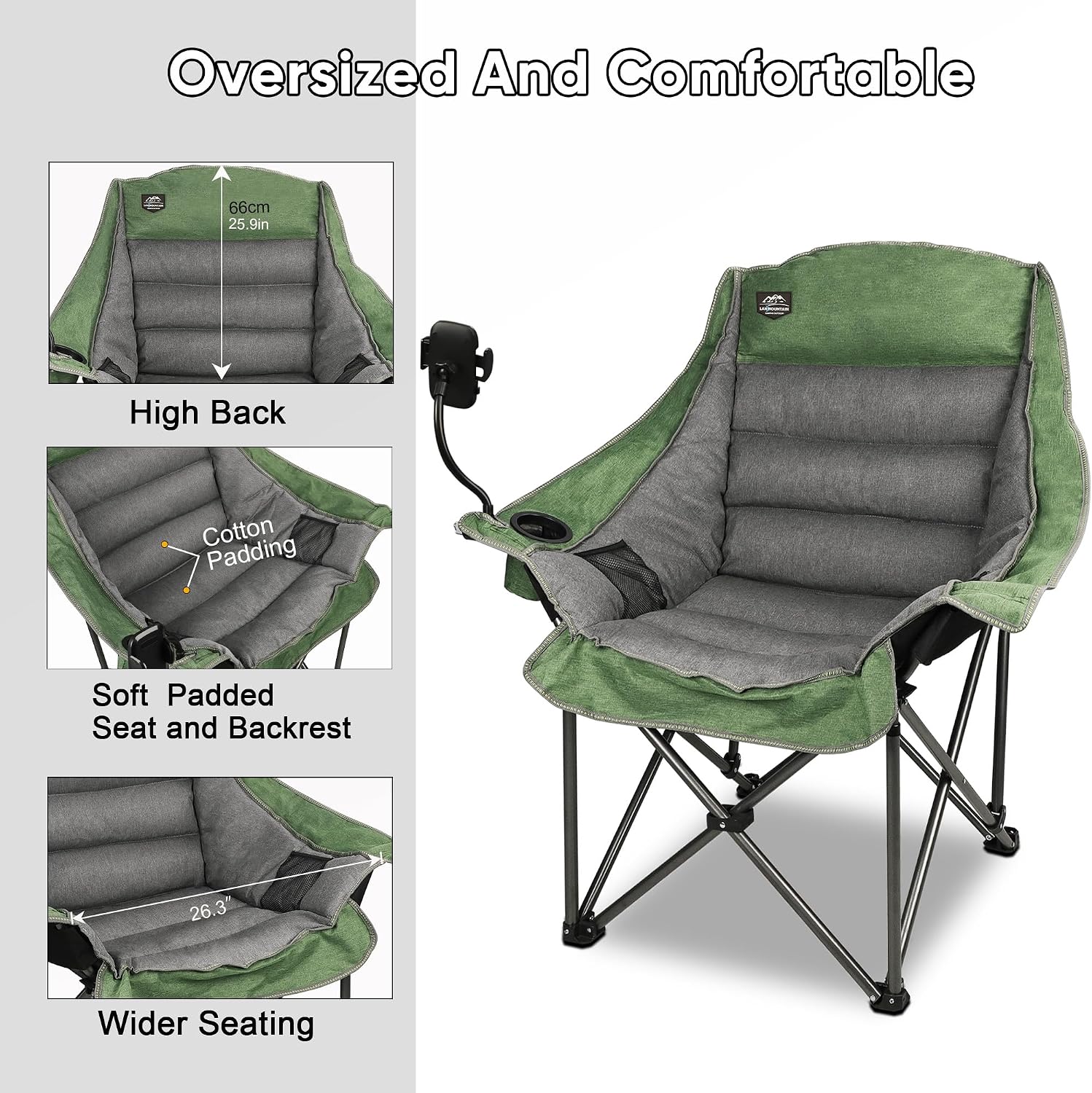 Oversized XL Folding Camping Chair,Heavy Duty Support 400Lbs,Large Comfy Padded Camp Chair for Adults,Lawn Arm Chair w/Cup Holder,Phone Holder,Carry Bag Perfect for Outdoor (Brown