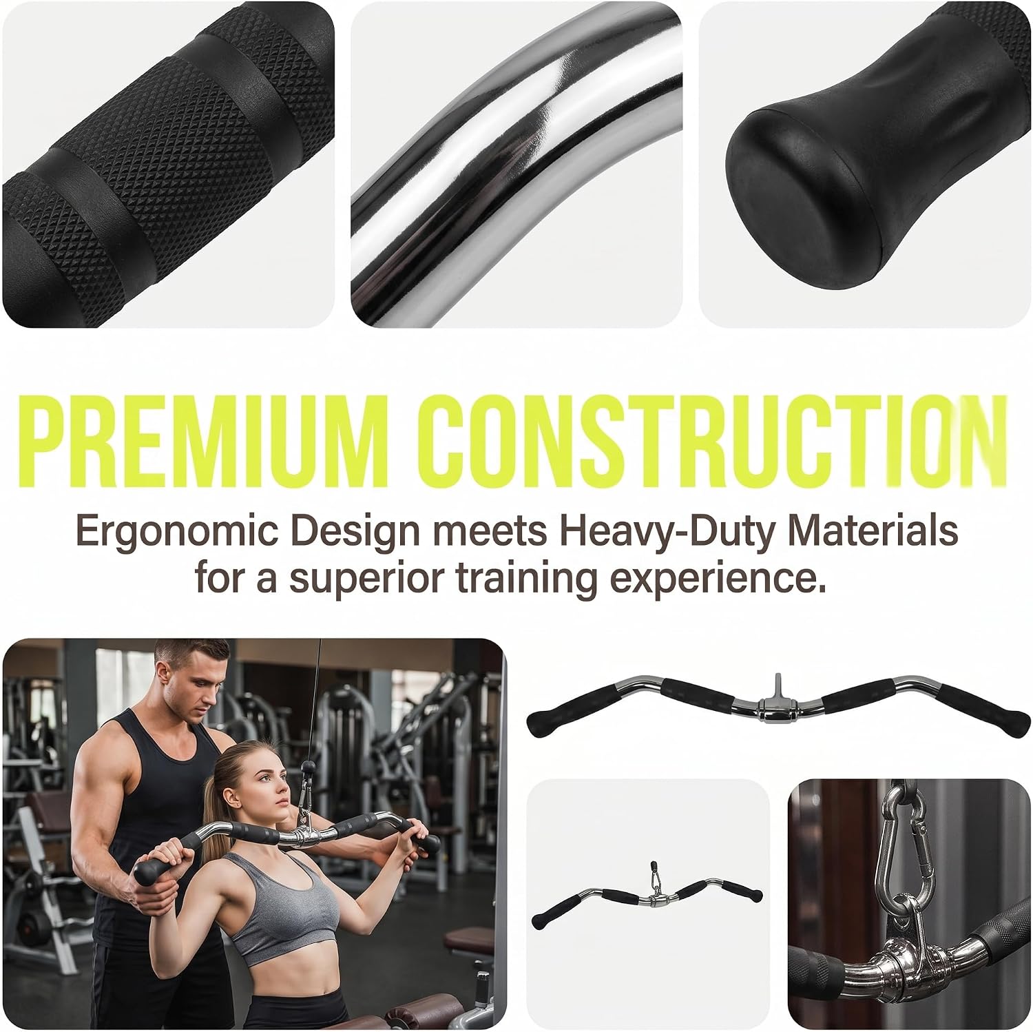 Lat Bar Cable Machine Attachment, Curl Pulldown Bar with Full Rotation and Rubber Handle for Gym, Strength Workout, Body Training, Muscle Building