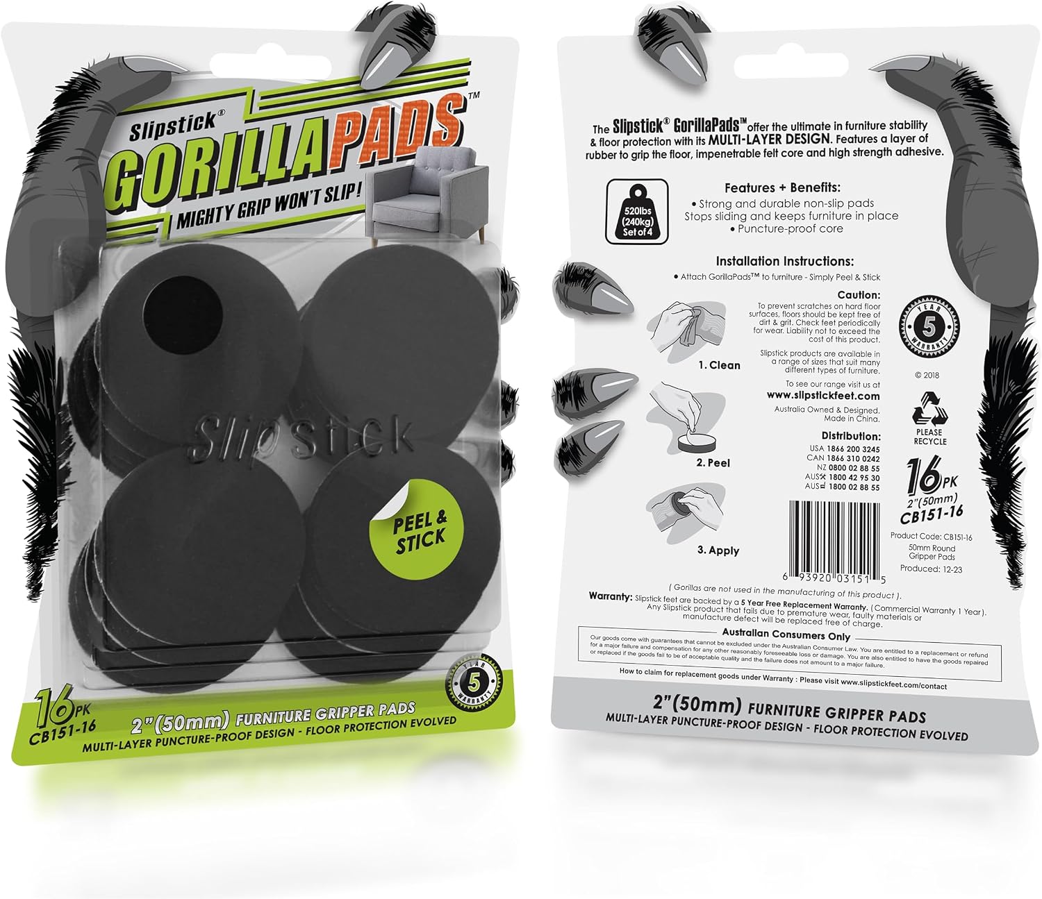 Slipstick GorillaPads CB149 Non-Slip Furniture Pads/Rubber Grippers (Set of 8) Self-Adhesive Furniture Feet Floor Protectors, 1-1/2 inch Round, Black