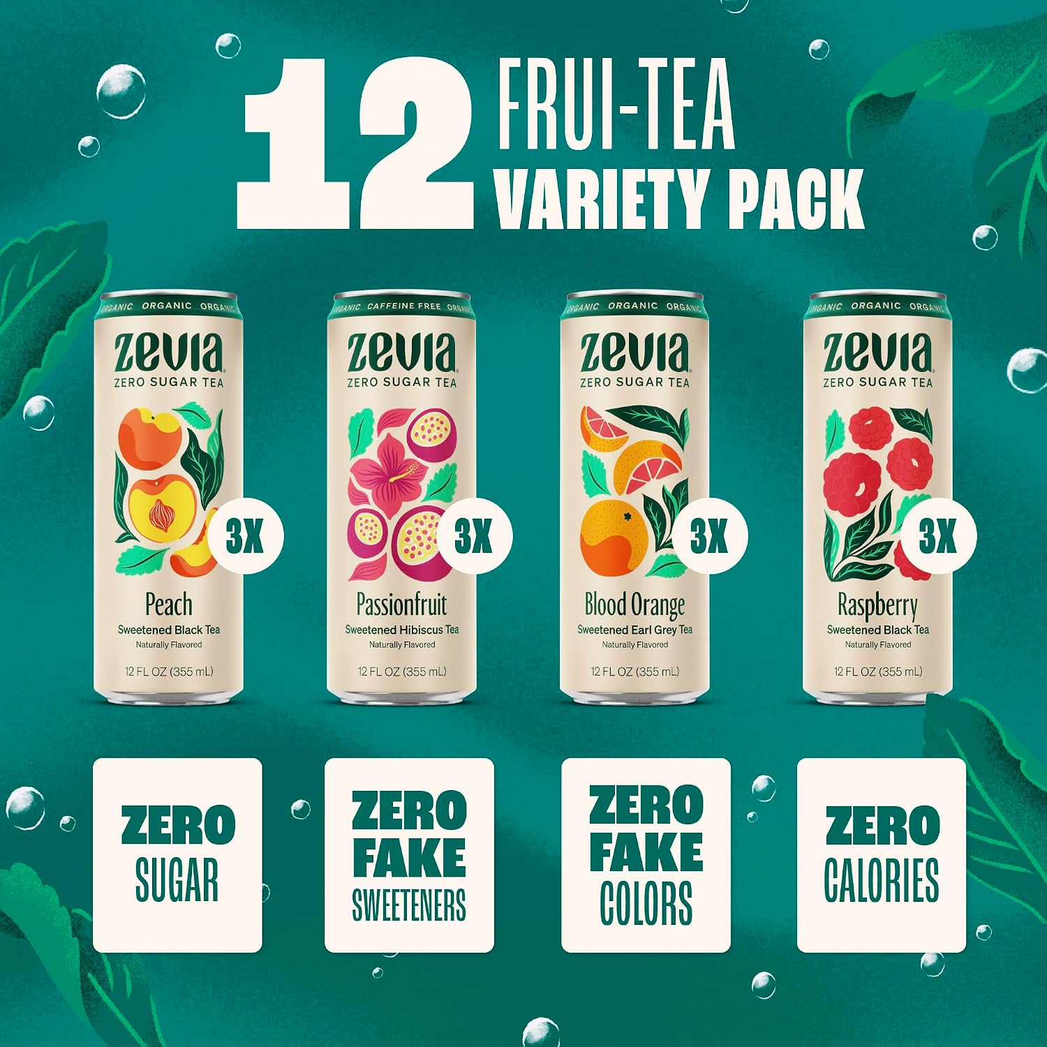 Zevia Zero Sugar Tea, Hibiscus Tea with Passionfruit Caffeine Free, 12 oz Cans (12-Pack) – Naturally Sweetened, Zero Calorie Sugar Free - Non-GMO Project Verified, Gluten-Free, Vegan