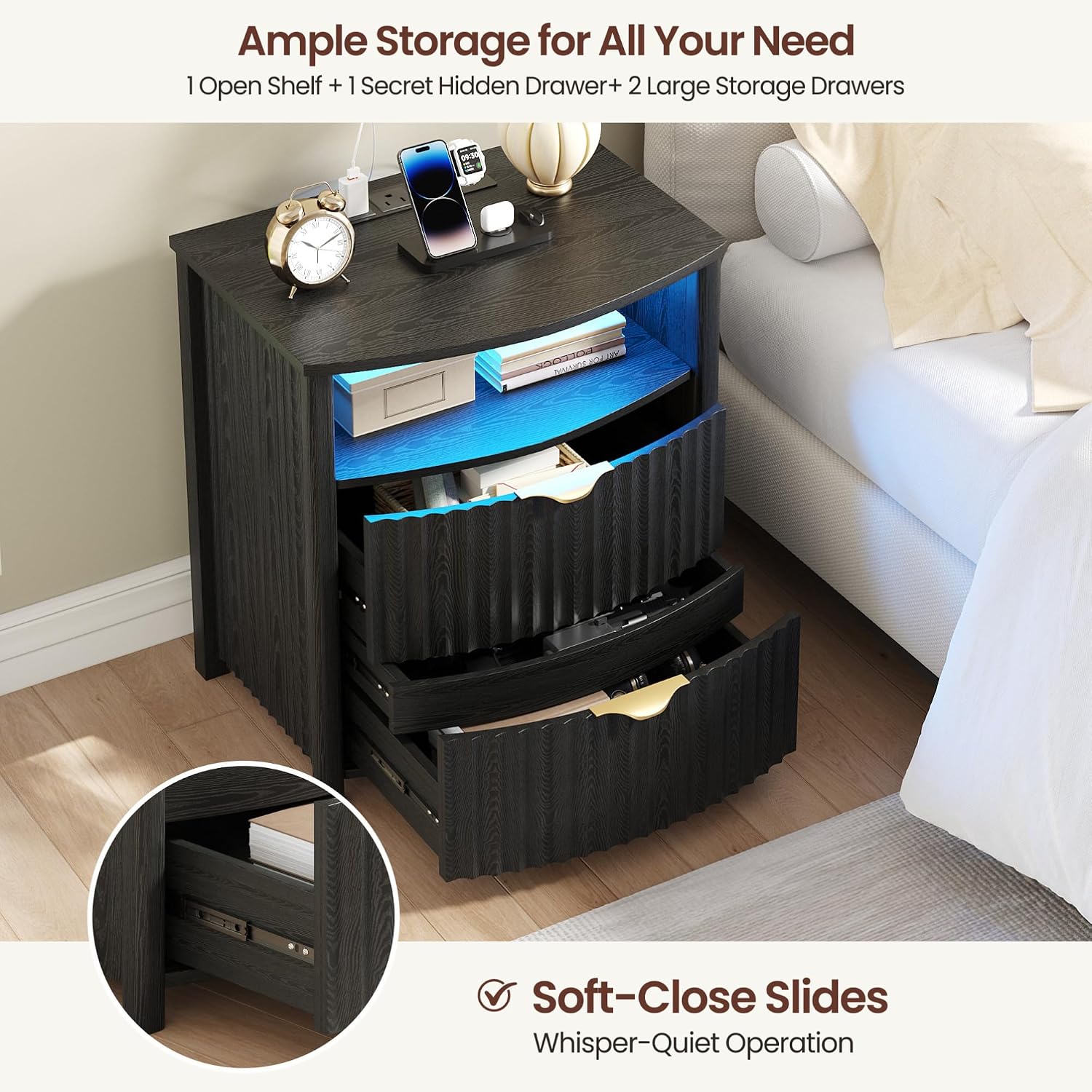 Dystler Fluted LED Night Stand with Hidden Gun Drawer & Charging | 19.7" W Curved Smart Bedside Table, 3-Color LED lights, 2 Drawers, Nightstand with Card-Lock, End Table for Bedroom, Walnut