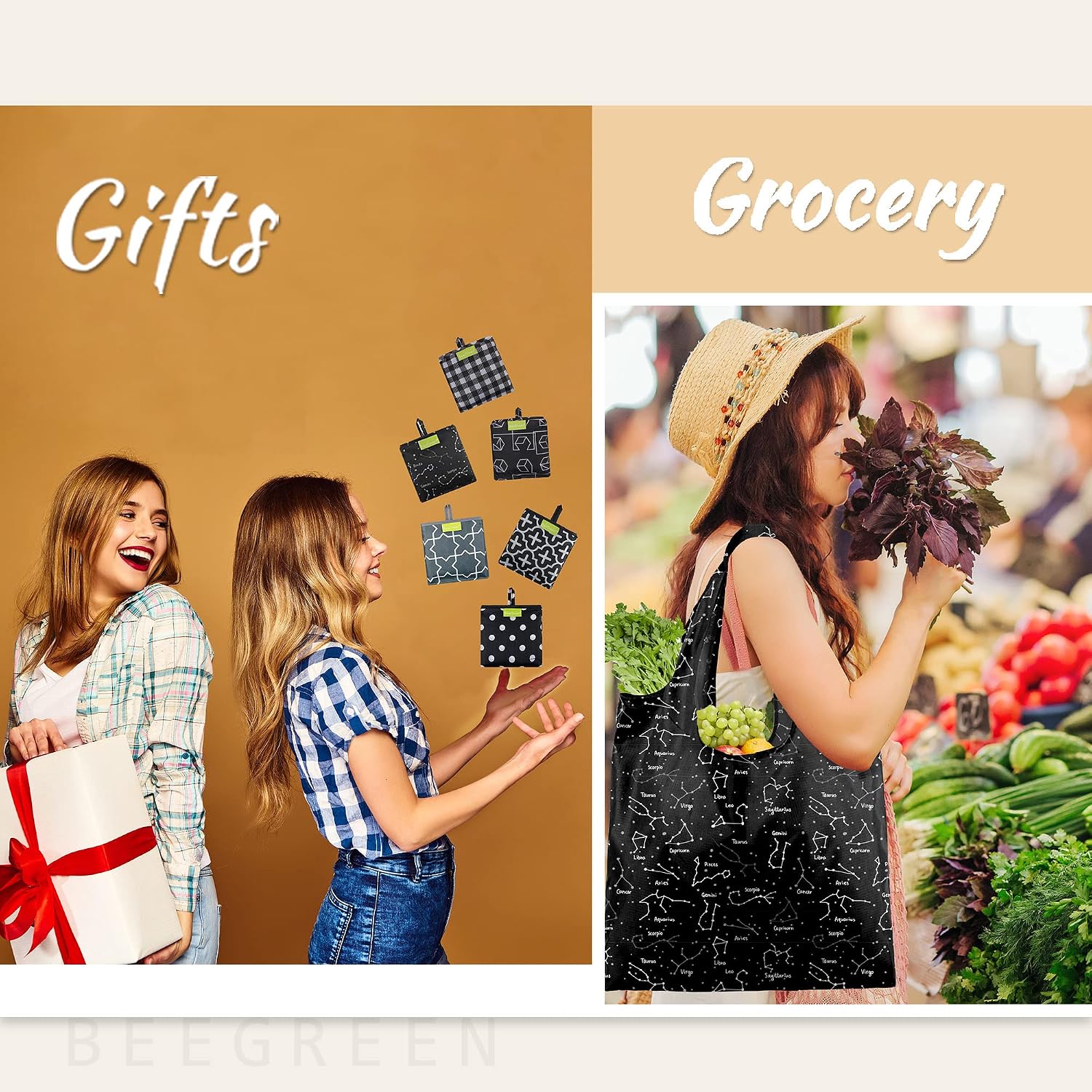 BeeGreen Grocery Bags | Reusable Gift Bags, Large Tote for Women & Foldable Beach Bag - 6 Pack Reusable Bag With Handles | Collapsible Cute Cloth Storage for Market, Holiday & Shopping | Washable​