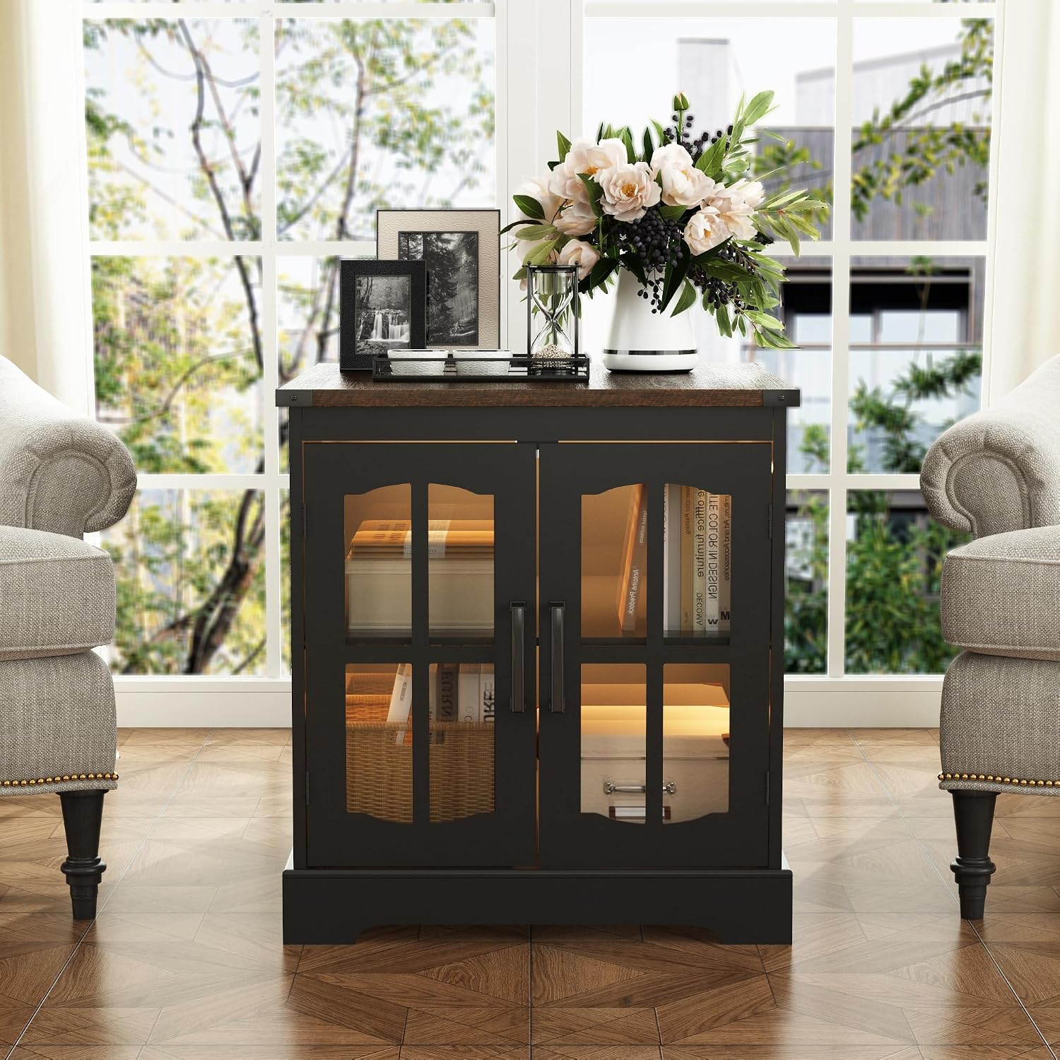 ChooChoo Farmhouse End Table with Charging Station & LED Light | Large Sofa Side Table, Rustic Square Nightstand, Glass Barn Door, Bedside Table, Storage, Living Room, Black