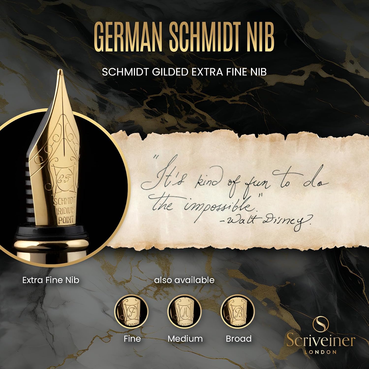 Scriveiner Silver Chrome Fountain Pen - Stunning Luxury Pen, Real Gold Finish Schmidt Gilded Nib (Medium), Best Pen Gift Set for Men & Women