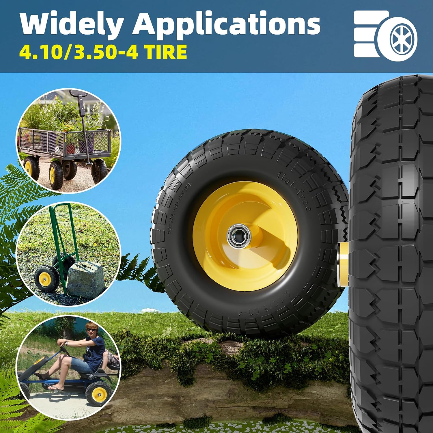 【UPGRADED】4.10/3.50-4 Tire and Wheel Flat Free, 10 Inch Solid Rubber Tire with 5/8”Axle Bore Hole and Double Sealed Bearings