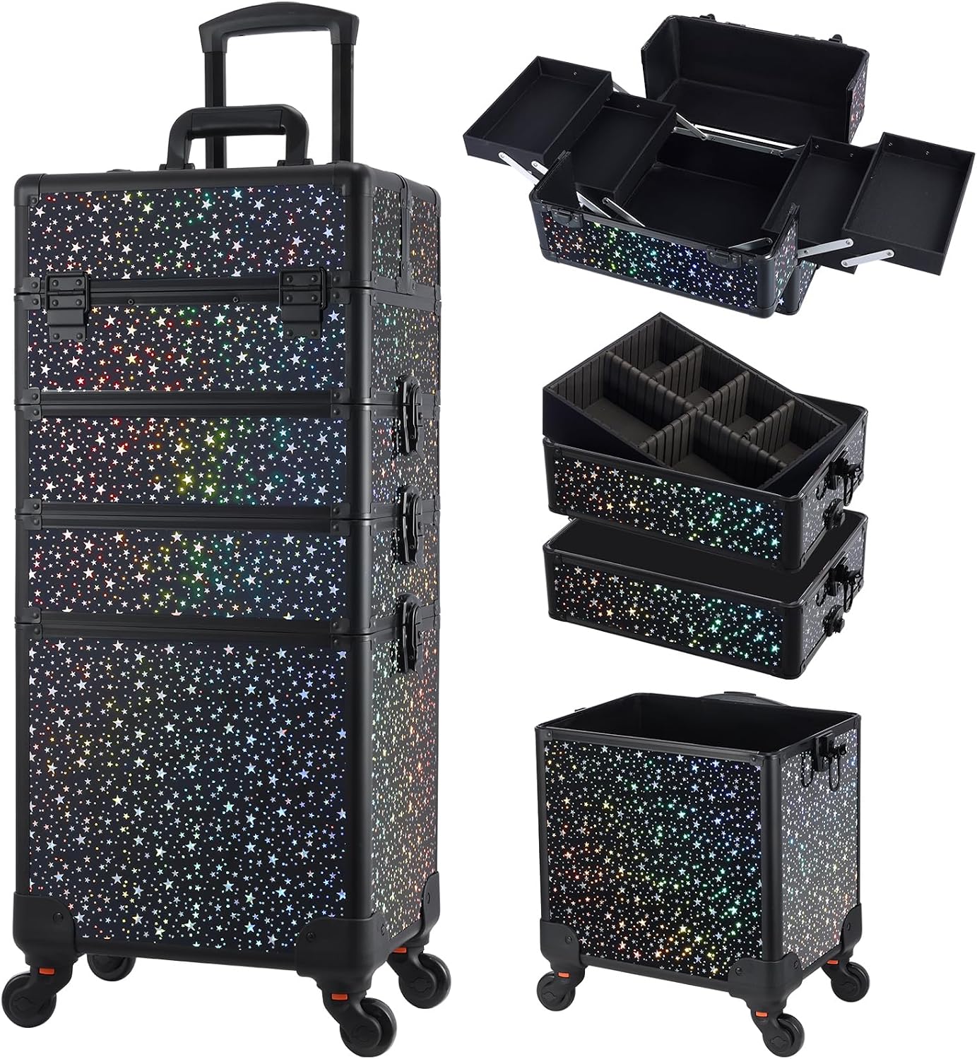 Stagiant Rolling Makeup Case Cosmetology Case on Wheels 4 in 1 Large Cosmetic Organizer Train Case Makeup Travel Case with Key Swivel Wheels Nail