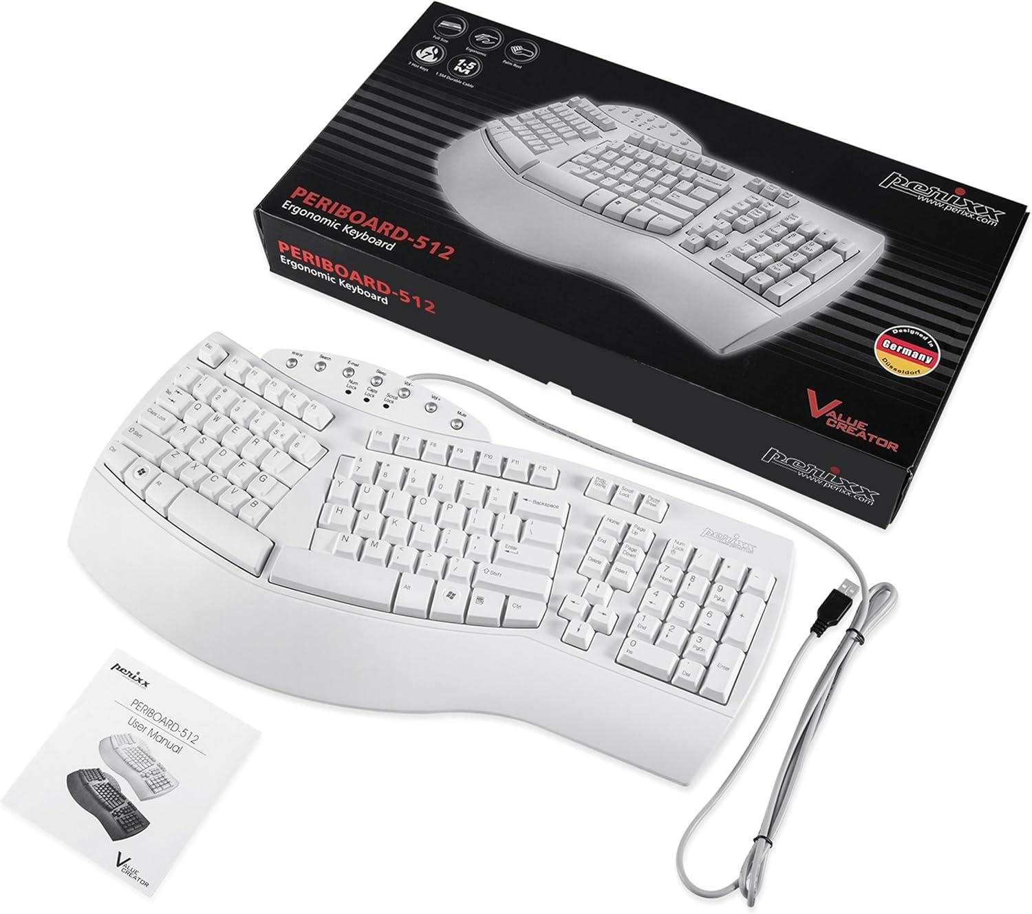 Perixx PERIBOARD-512B Wired Ergonomic Keyboard - Split Keyboard, Wrist Rest, Natural Typing - Wired USB Connectivity - US English - Black