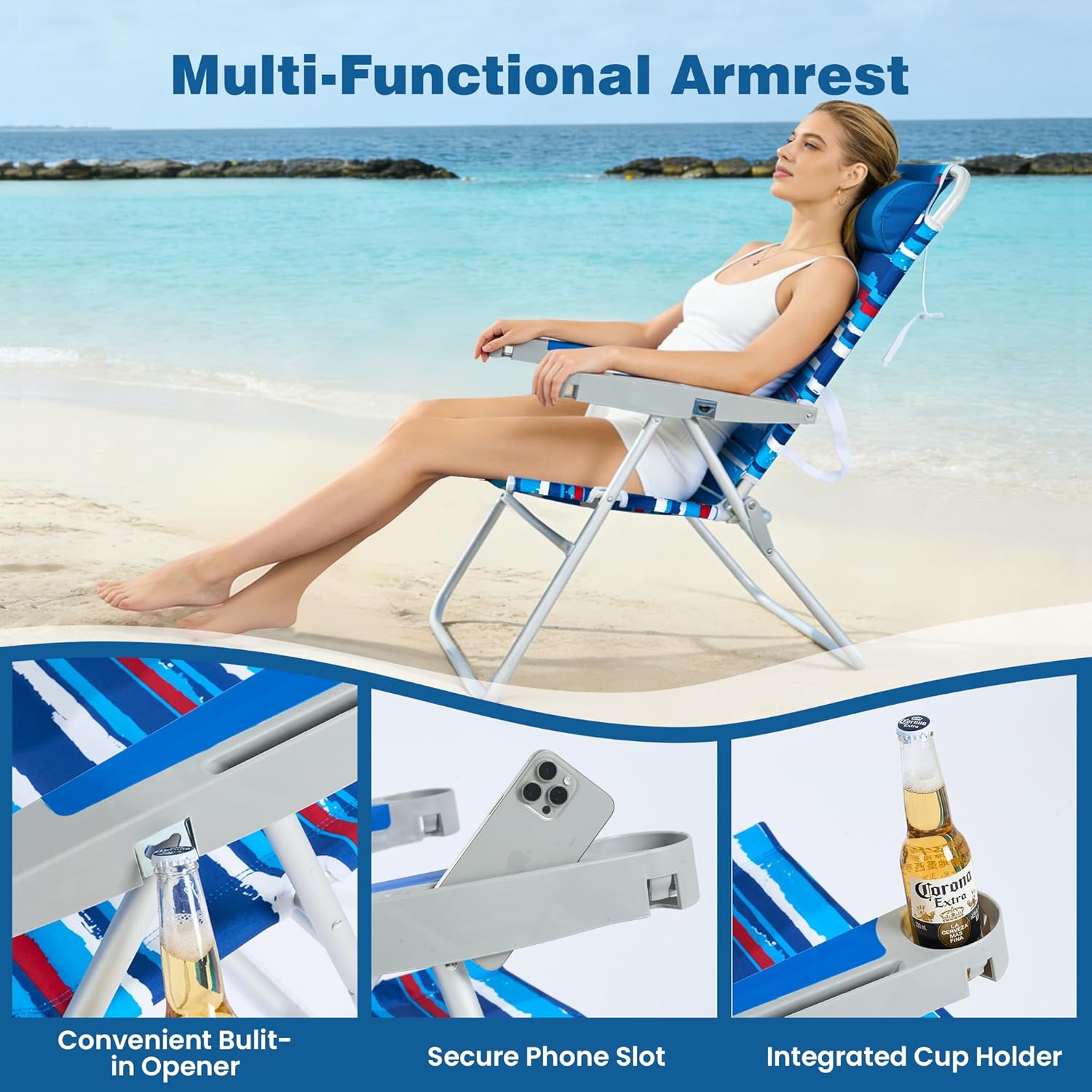 SUNNYFEEL Oversized Tall Folding Beach Chair Lightweight, 17" Portable Sand Chair for Adults Heavy Duty 500 LBS with Cup Holders