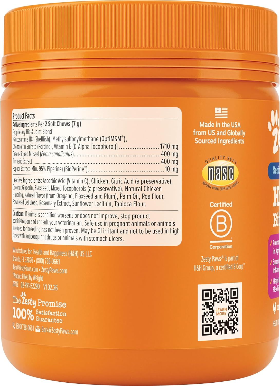 Zesty Paws Hip and Joint Supplement for Dogs - Glucosamine with Chondroitin, MSM, Vitamins C and E Dog Joint Relief - Mobility Bites Duck – 90 Count