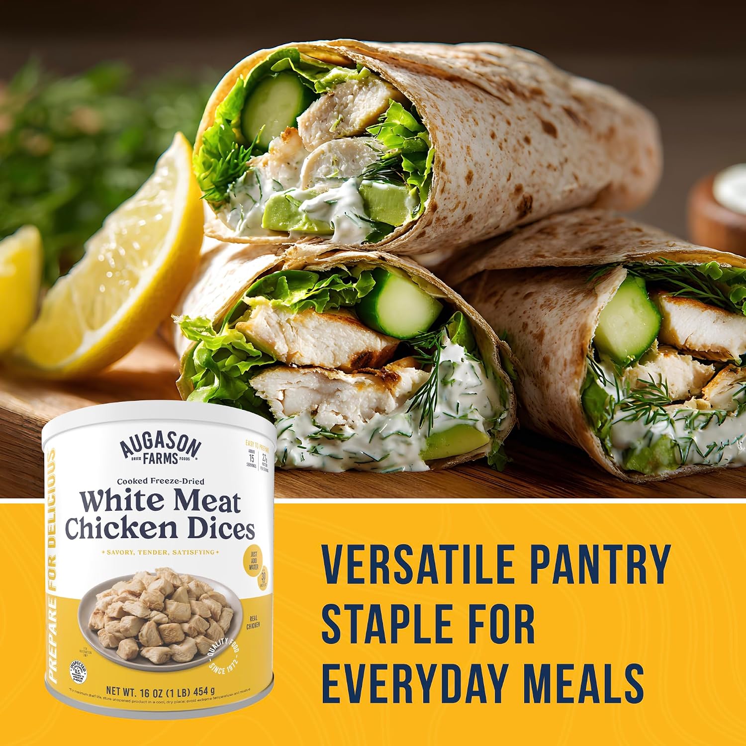 Augason Farms Cooked Freeze Dried White Meat Chicken Dices Can | Emergency Food Supply, Everyday Meals, 15 Servings