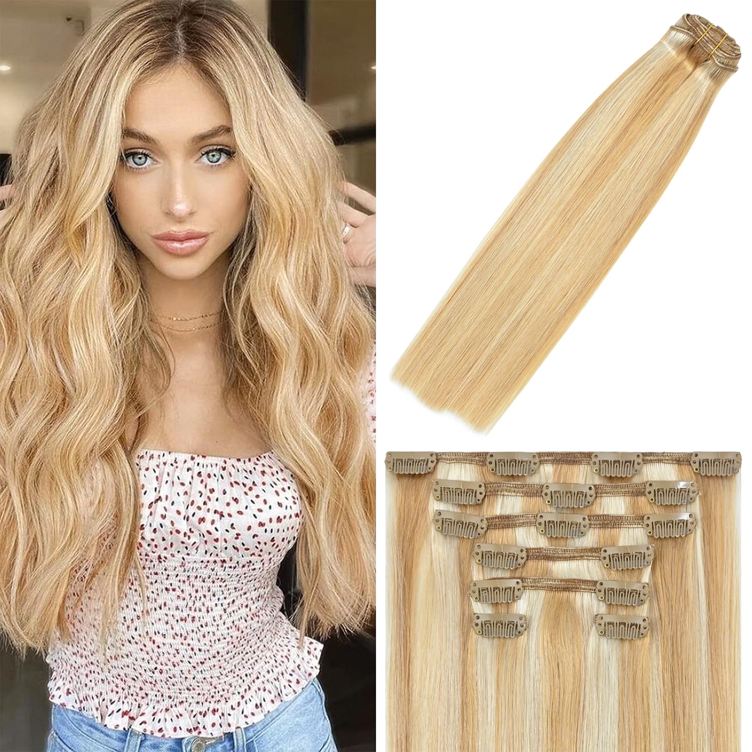 WindTouch Clip In Hair Extensions Human Hair Mixed Bleach Blonde 18Inch 75g Hair Extensions for Women Remy Blonde Extensions Clip in #18p613 7PCS