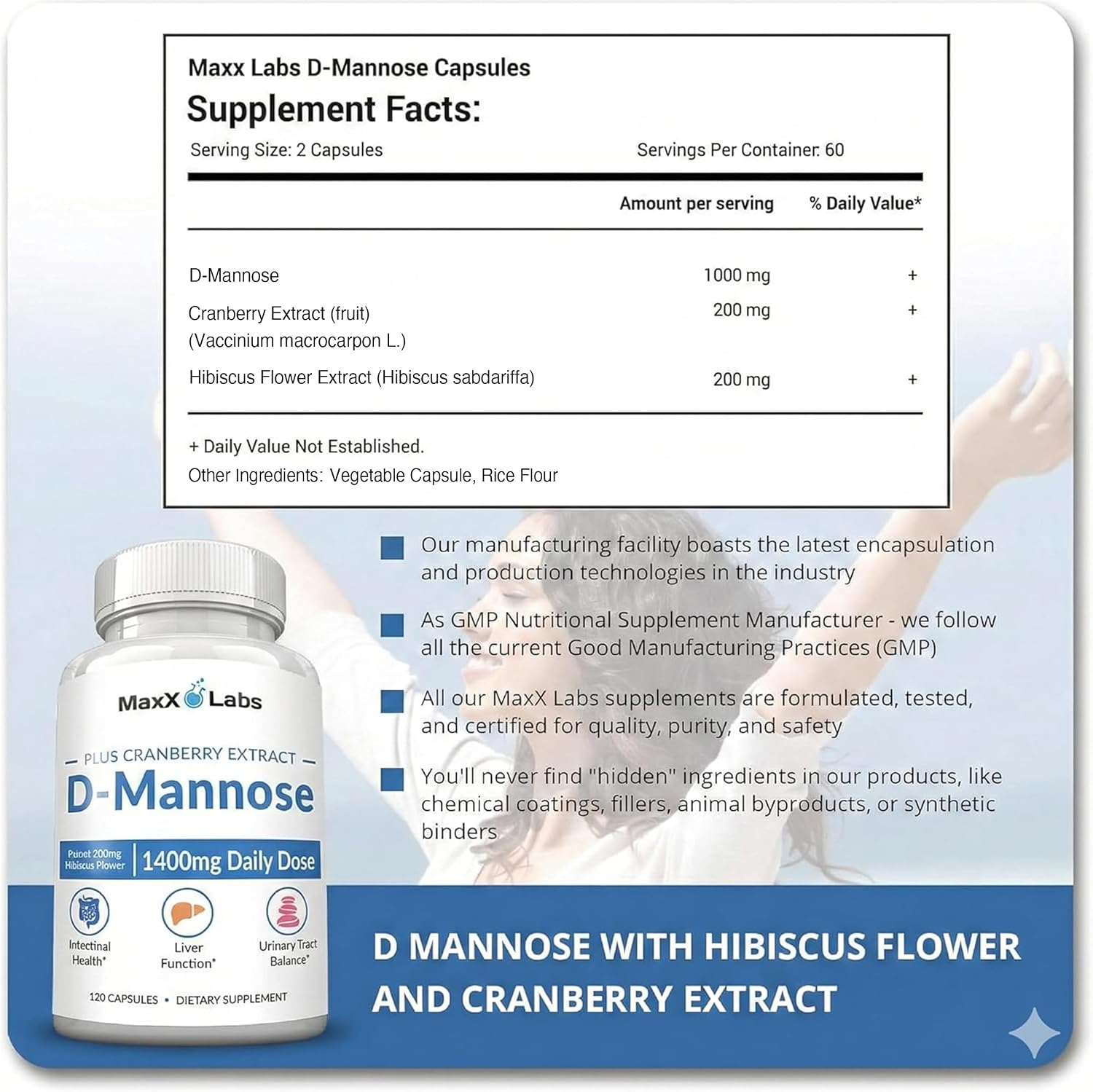D-Mannose Capsules, 1400 Mg with Cranberry & Hibiscus Flower, 120 Ct | Fast Acting Formula, Supports Bladder & Urinary Tract Health - Extra Strength 60 Servings