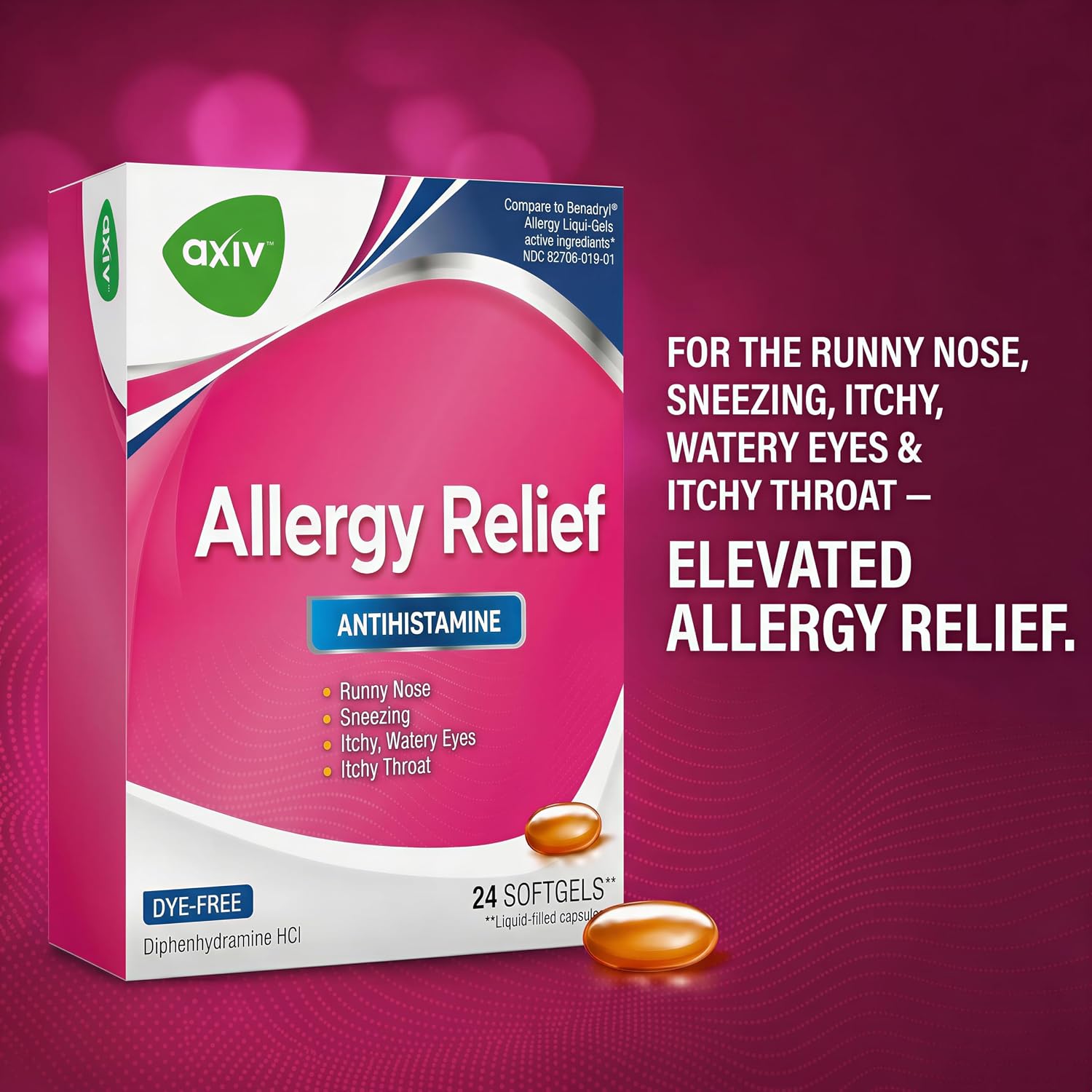 AXIV Allergy Relief Softgels, Antihistamine Medicine & Cold Symptom Relief, Dye-Free Liquid Gels, 25 mg Diphenhydramine HCl, Runny Nose, Sneezing, 24 Count (24 Softgels)