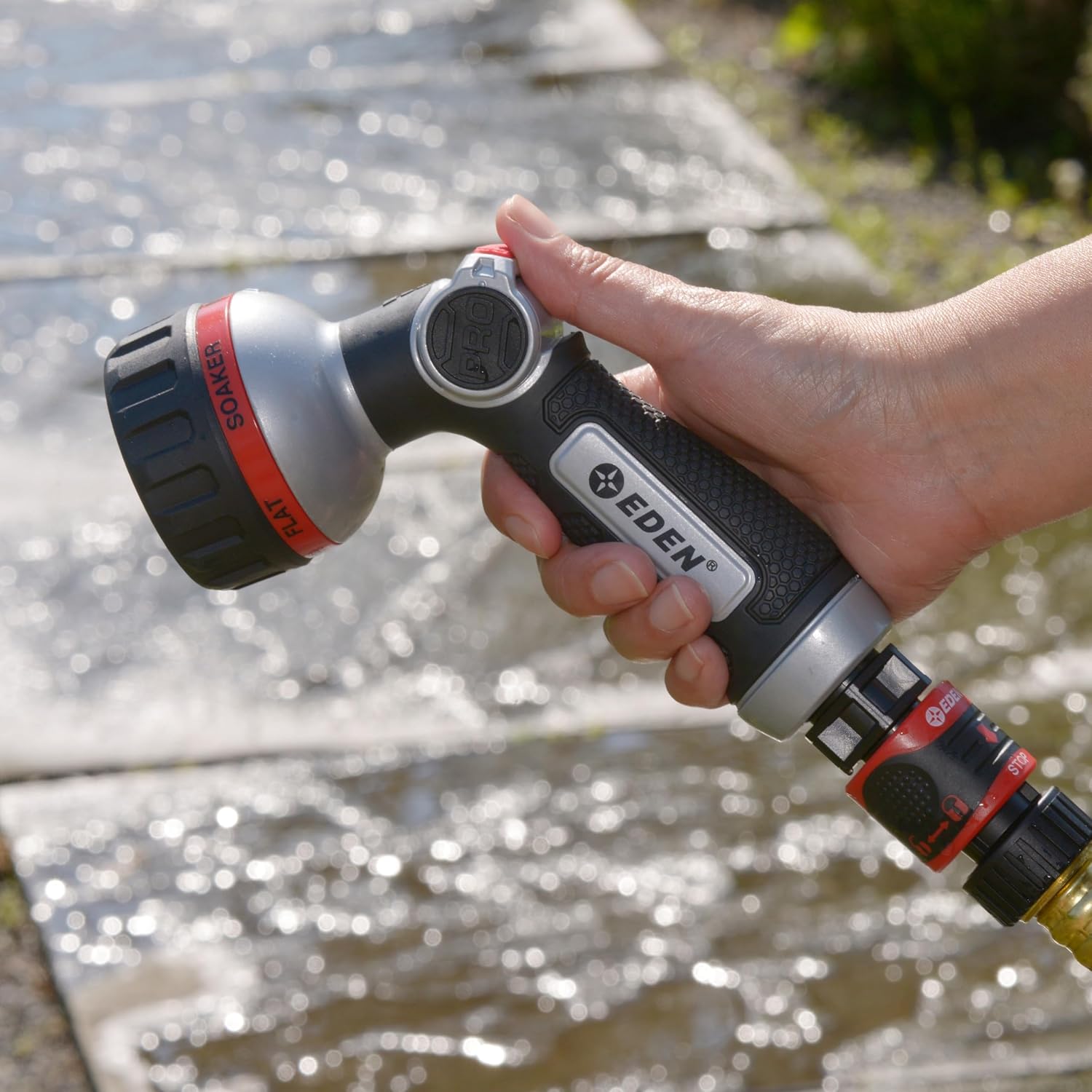 Eden Metal 7-Pattern Hose Nozzle: Thumb Control, Heavy-Duty Zinc Alloy