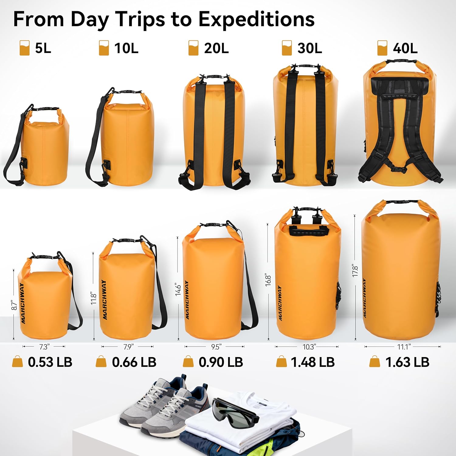 MARCHWAY Floating Waterproof Dry Bag Backpack 5L/10L/20L/30L/40L, Roll Top Sack Keeps Gear Dry for Kayaking, Rafting, Boating, Swimming, Camping, Hiking, Beach, Fishing