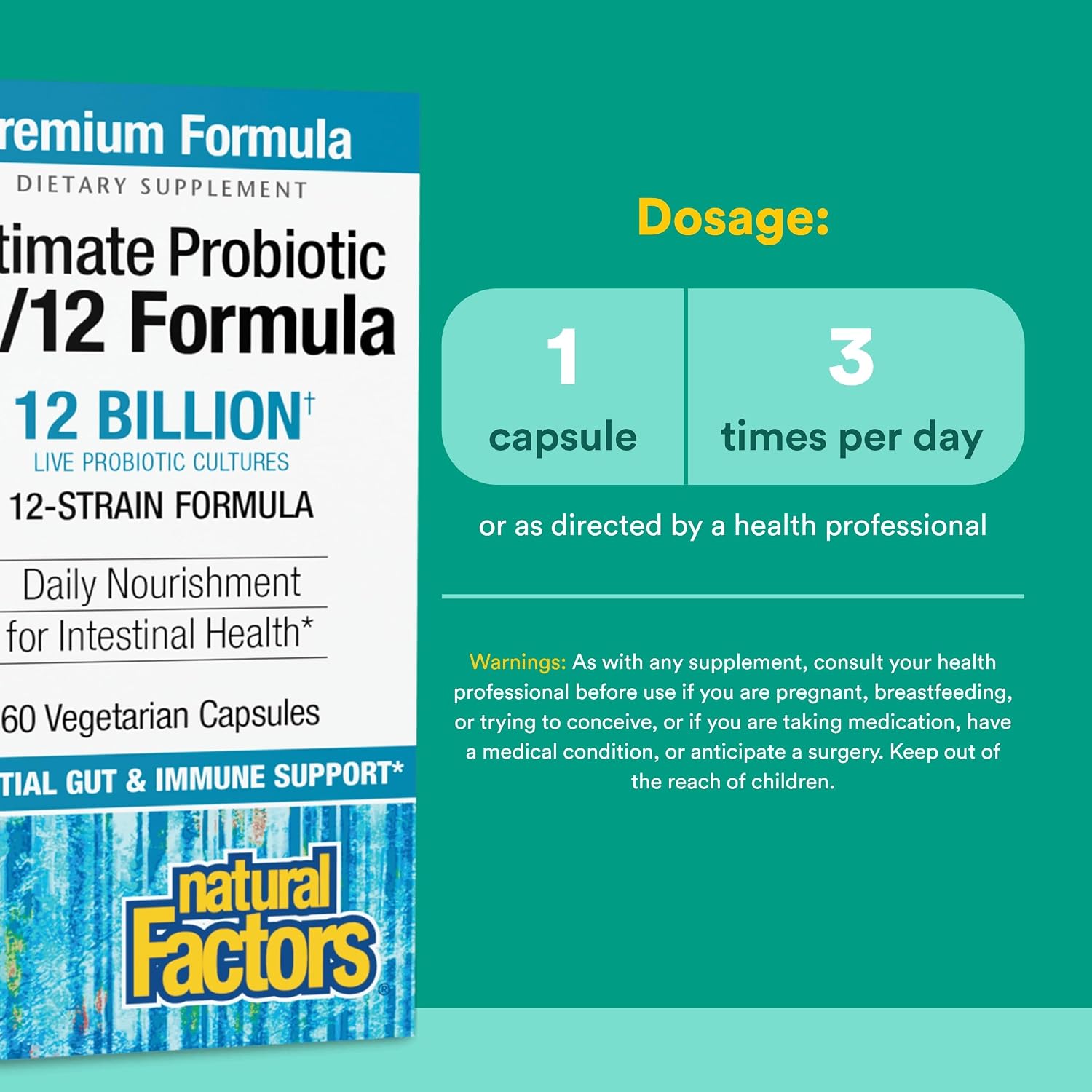 Natural Factors Ultimate Probiotic 12/12 Formula - Digestive Health Support Supplement with Probiotics - Immunity & Gut Health Support Supplement - 120 Vegetarian Capsules (120 Servings)