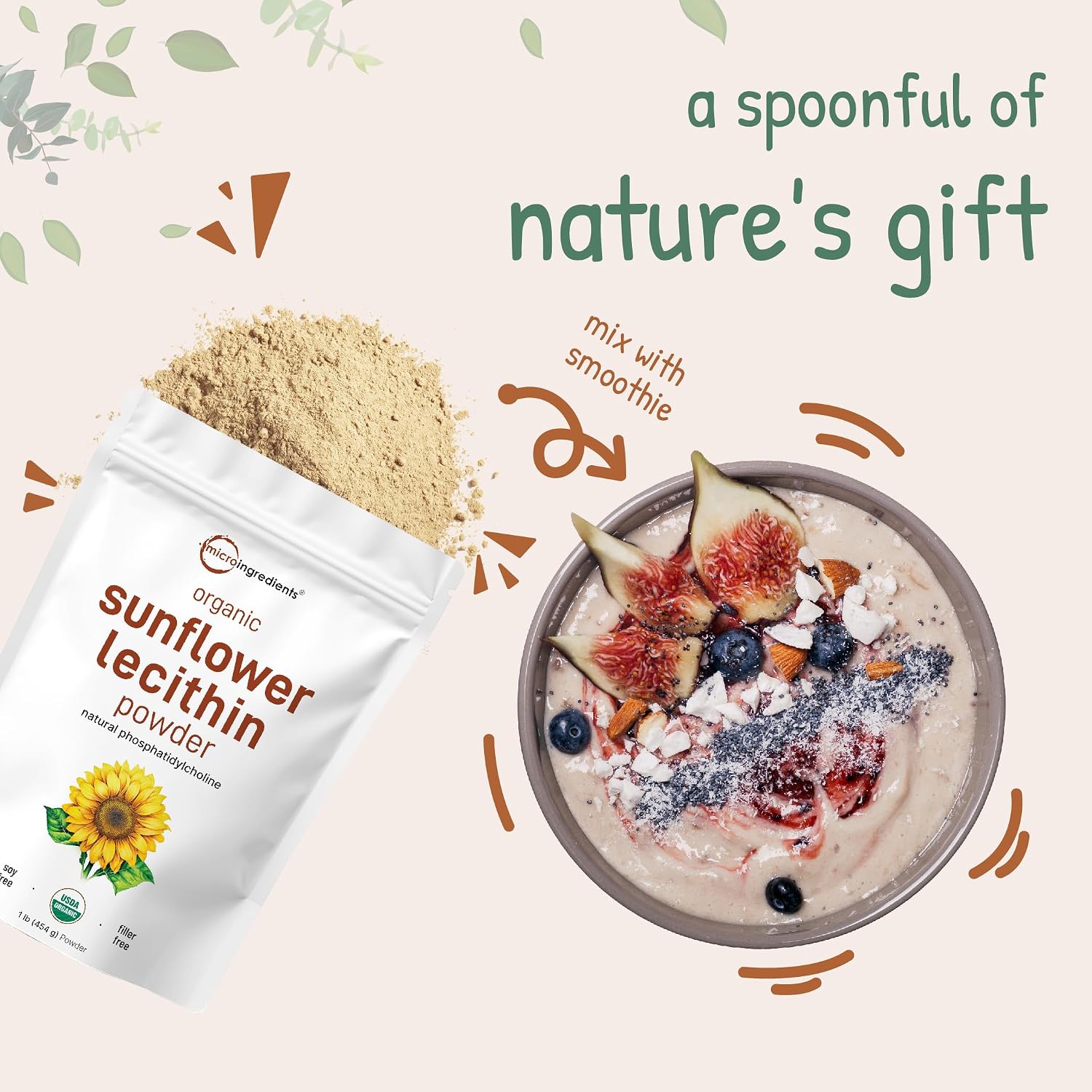 Organic Sunflower Lecithin Powder, 1 Pound, Sustainable Farmed, Cold Pressed, Rich in Phosphatidyl Choline and Protein, Making Liposomal Vitamin C