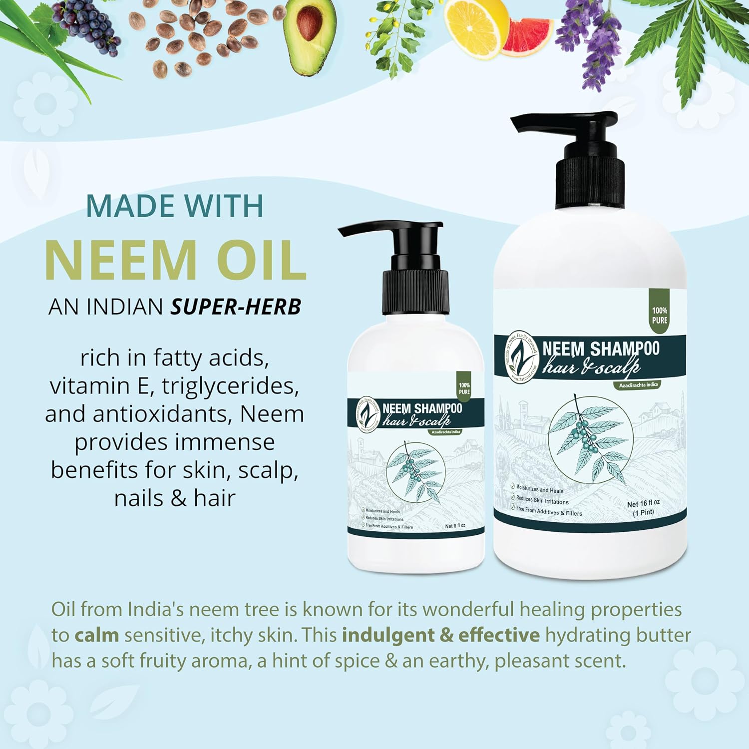 Zatural Neem Shampoo | Gentle Scalp & Hair Cleanser with Botanical Extracts | Moisturizing Wash for Softness, Volume, and Shine (8 Fl Oz)
