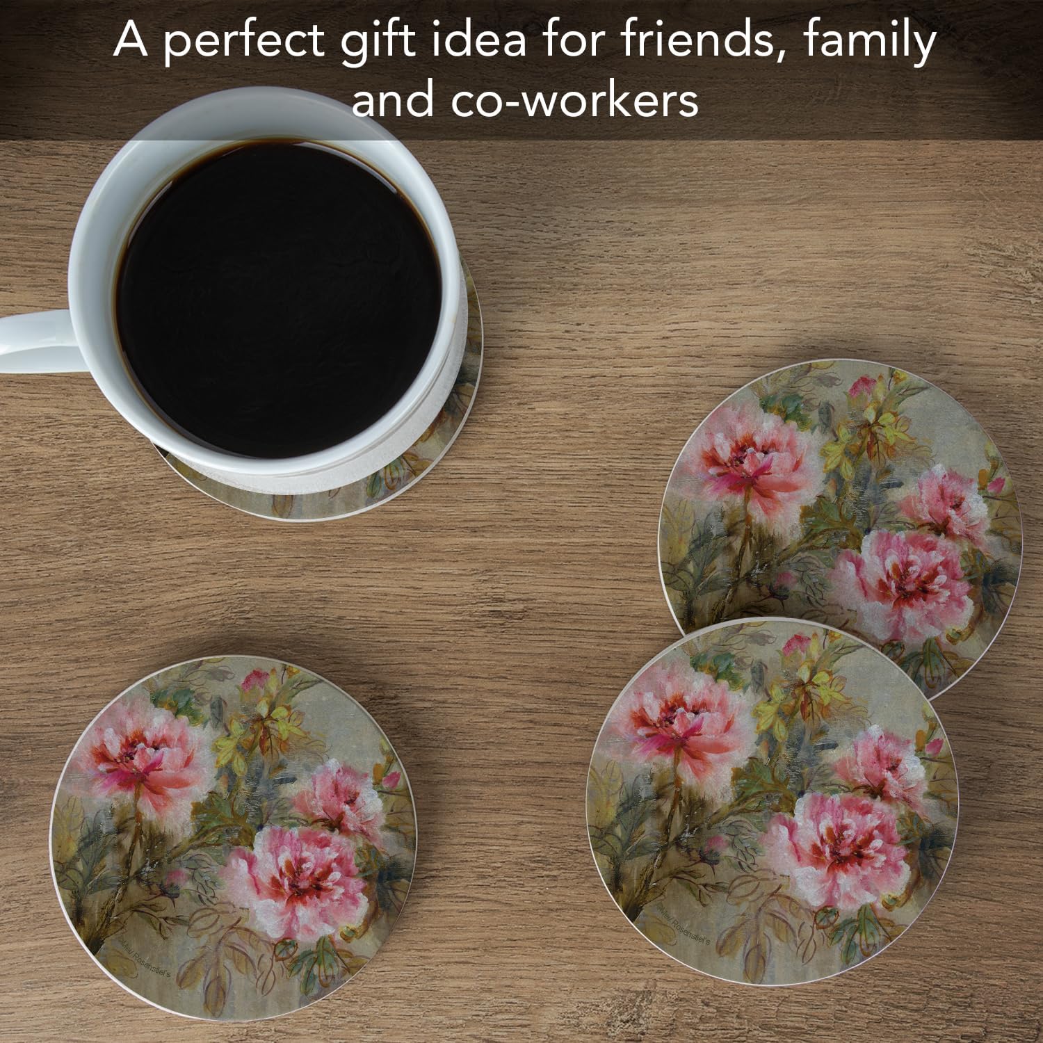 Thirstystone Paeona II Natural Sandstone Coaster 4 Pack | 4” Diameter, Manufactured in the USA, Protective Cork Backing