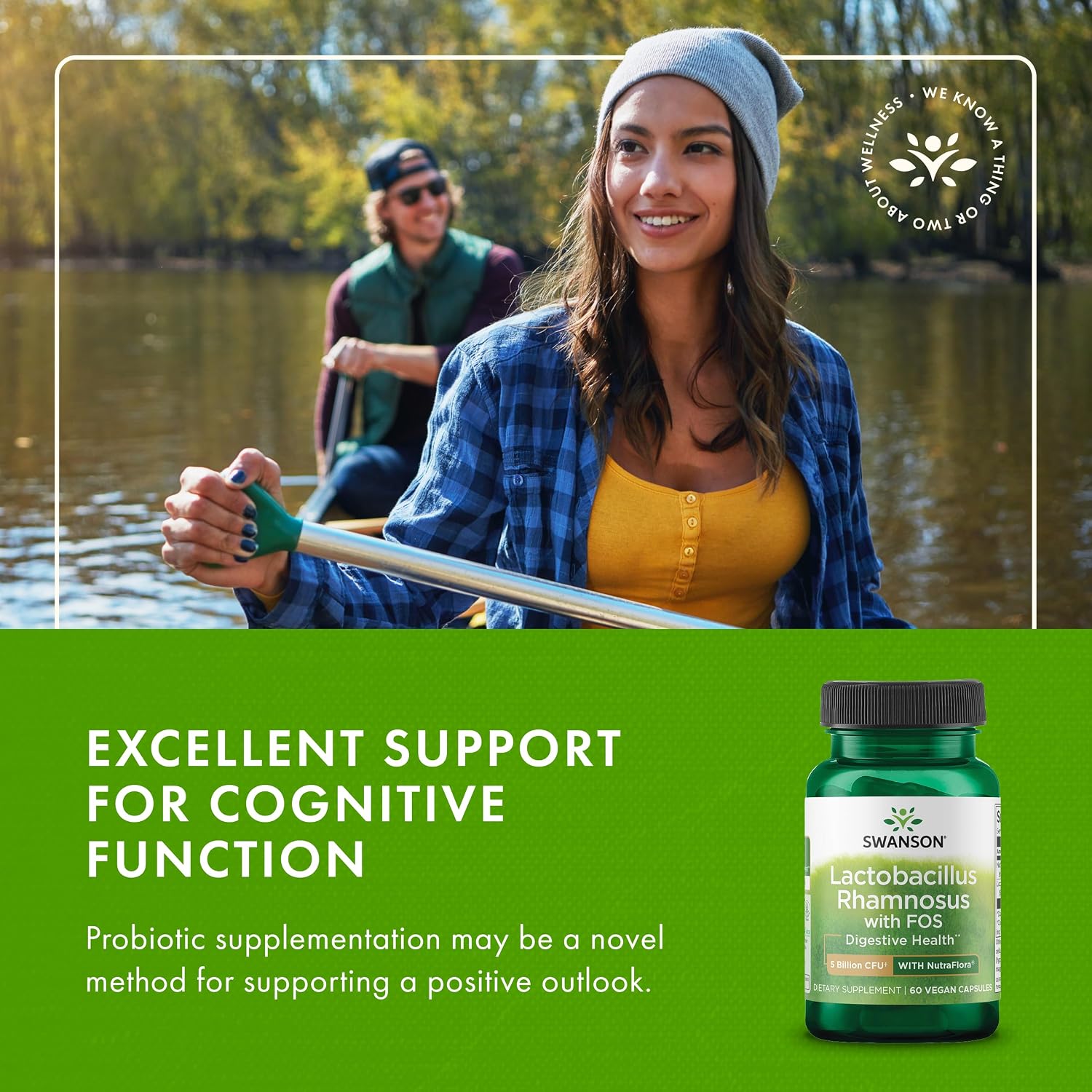 Swanson Lactobacillus Rhamnosus with FOS, 5 Billion CFU, 60 Veggie Capsules | Digestive Health Support with Fructooligosaccharides, Probiotic Support for Gastrointestinal Health, Acid-Resistant Vegan