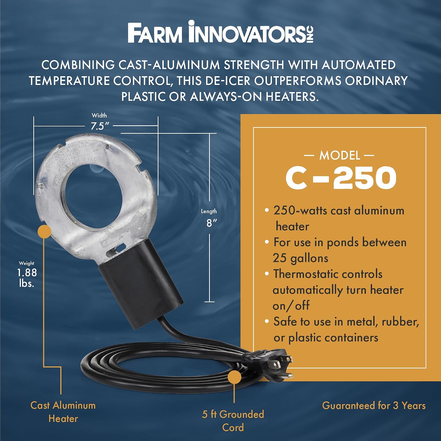 Farm Innovators Utility De-Icer for up to 25 Gallon Container - 250W Water Deicer- Ice Chaser Cast Aluminum Design for Plastic or Metal Water Container | Thermostatically controlled heater operates only when necessary, cast aluminum construction, plastic…