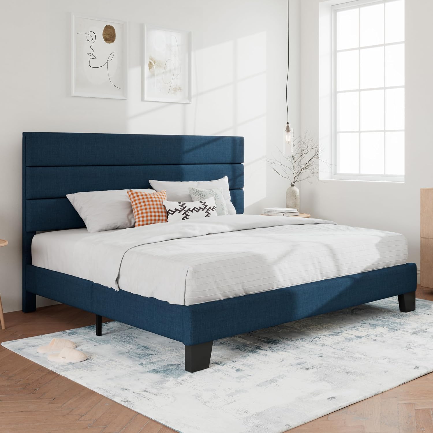SHA CERLIN Full Platform Bed Frame with Upholstered Fabric Headboard, Grey