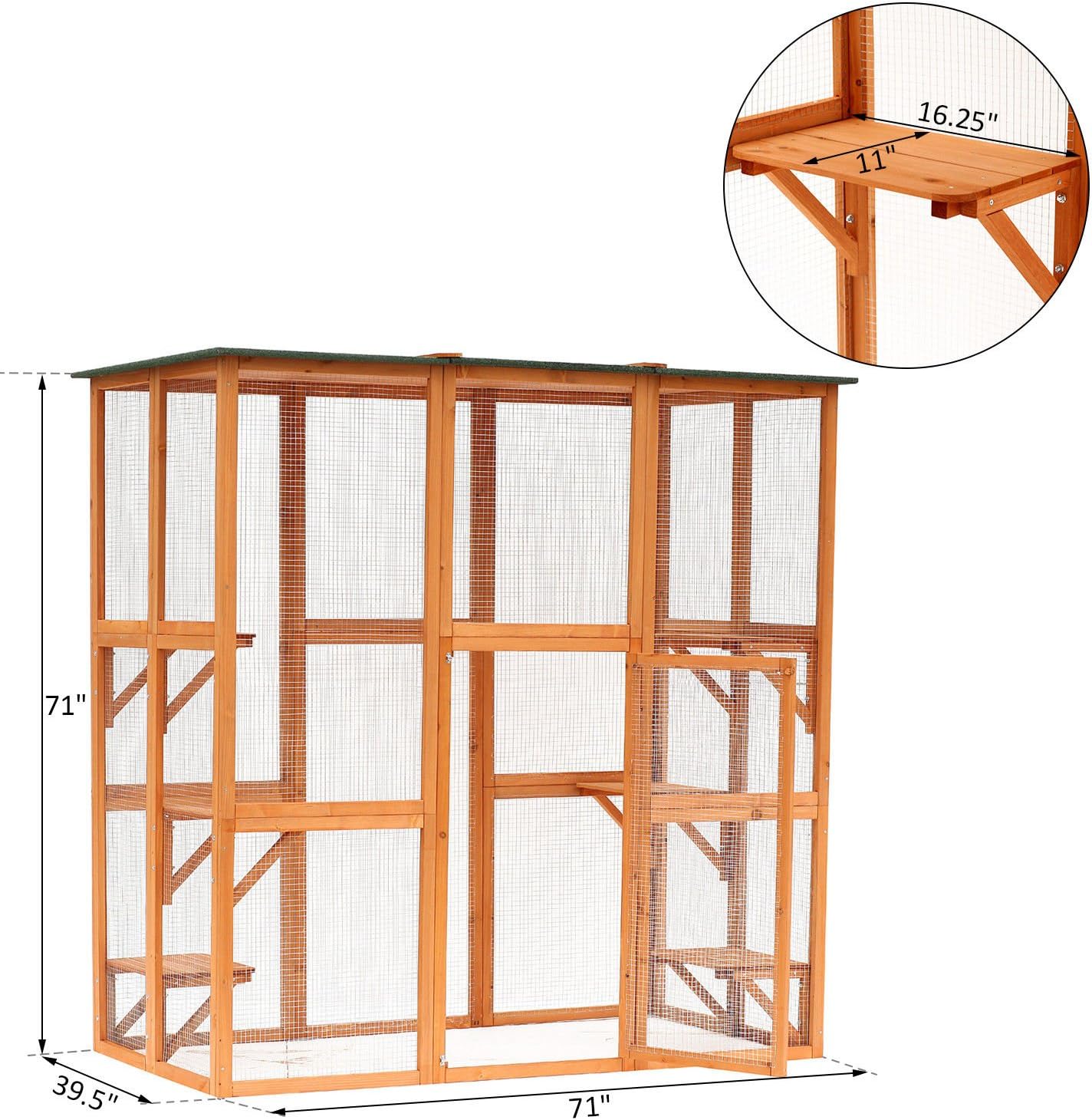 PawHut Outdoor Cat House Big Catio w/Large Spacious Interior 71" L Orange | Wooden Feral Cat Shelter Enclosure, 6 High Ledges