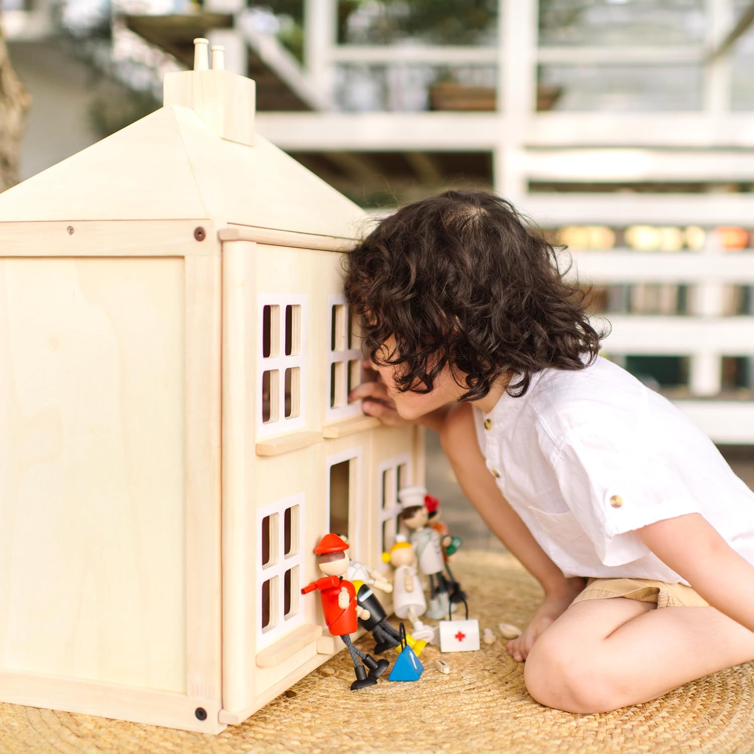 PlanToys® Green Wooden Dollhouse with Solar Panel, Wind Turbine & Furniture | recycling system, eco-friendly doll house, sustainable pretend play, kids, girls, environmental learning gift for boys