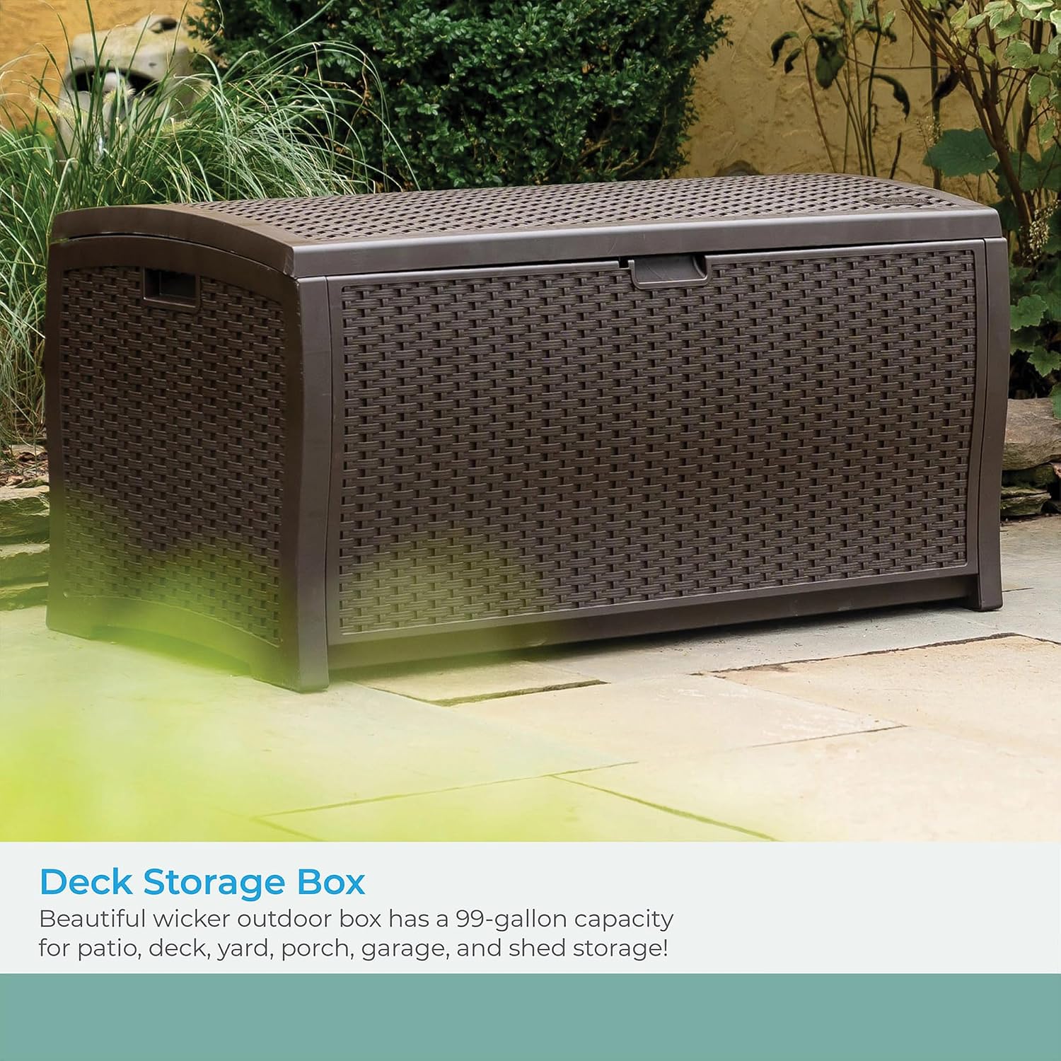 Suncast 99 Gal Wicker Resin Deck Box, Storage Chest Bin with Handles, Java