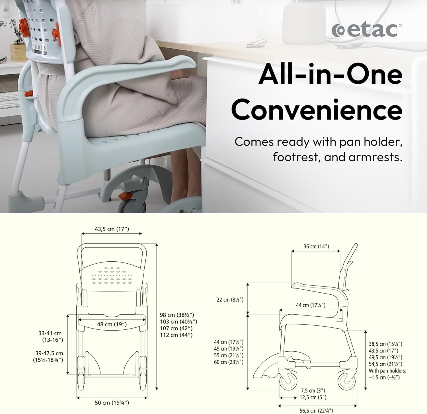 Etac Clean 24" Self-Propelled Shower Chair with Wheels - 21 3/4 Inch Fixed Height with 24 Inch Rear Wheels - Shower Wheelchair for Elderly and Disabled - Movable Armrest & Ergonomic Footrest