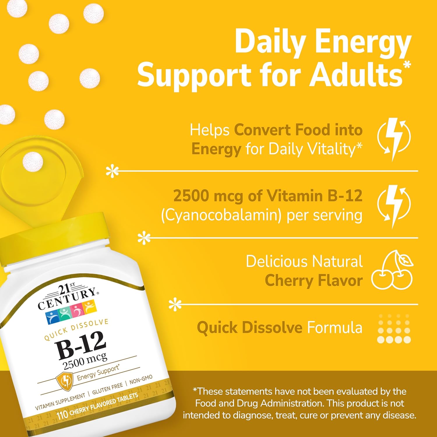 21st Century B-12 2500mcg Sublingual Tablets, High Potency, 110 Count | High-Potency Vitamin B12 2500 mcg, Natural Energy & Healthy Red Blood Cell Support, Vegan, Vegetarian, Third-Party Tested