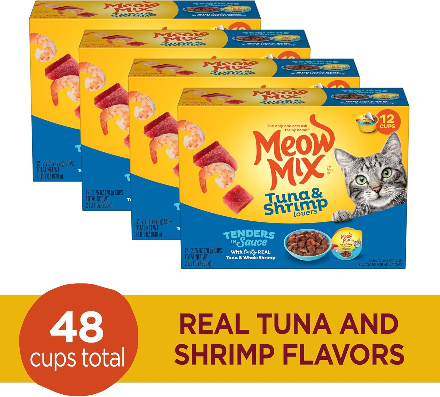 Meow Mix Tenders in Sauce, Wet Cat Food with Tuna & Whole Shrimp, 12 Cups