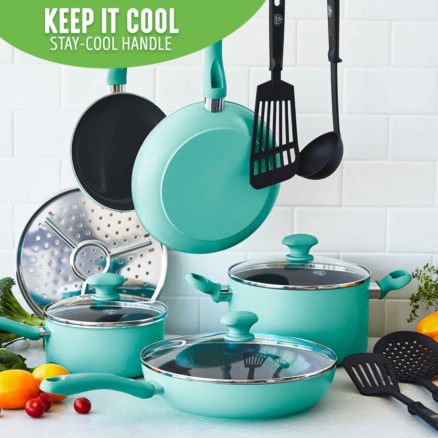 GreenLife Soft Grip Healthy Ceramic Nonstick, 15 Piece Cookware Pots and Pans Set, Induction, PFAS-Free, Dishwasher Safe, Turquoise