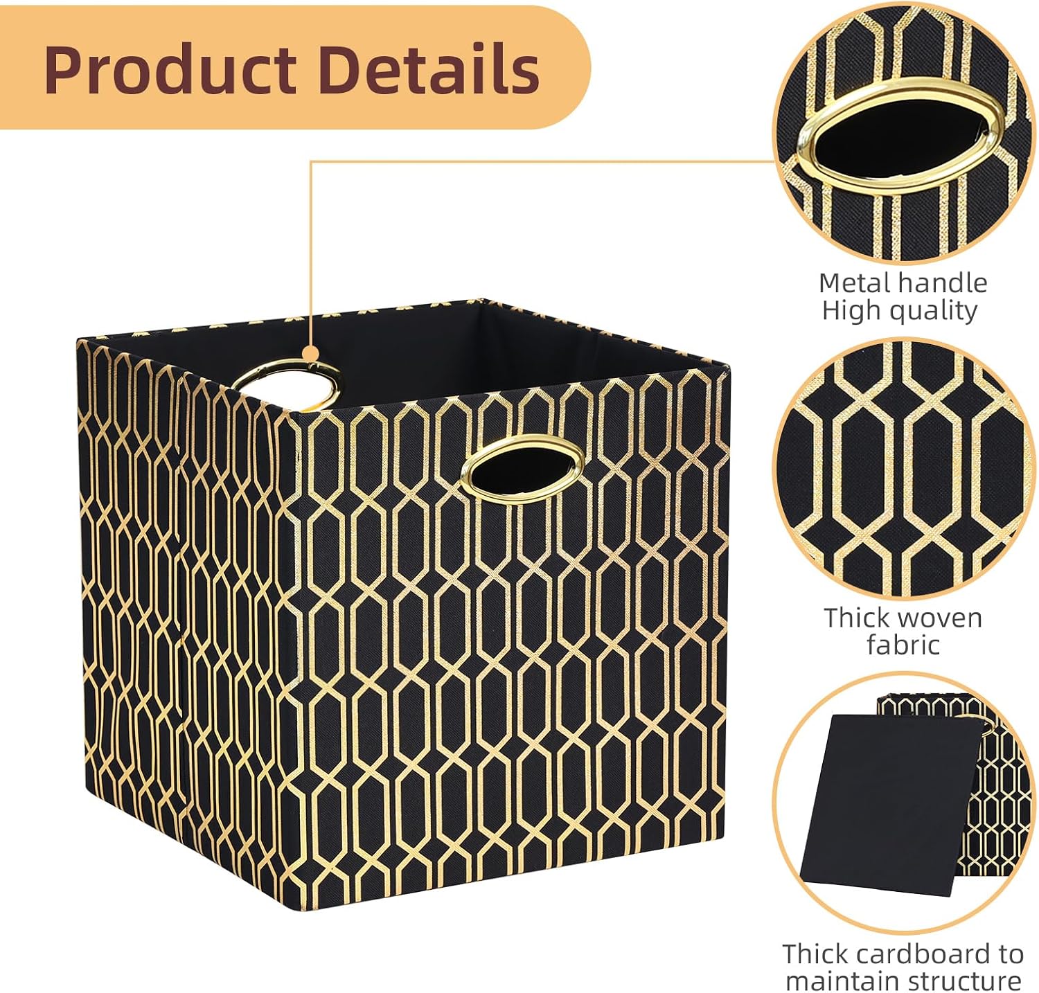 Posprica Storage Bins, Storage Cubes,13×13 Fabric Drawers Organizer Basket Boxes Containers (13×13×13/4pcs, Cream/gold geometry Pattern)