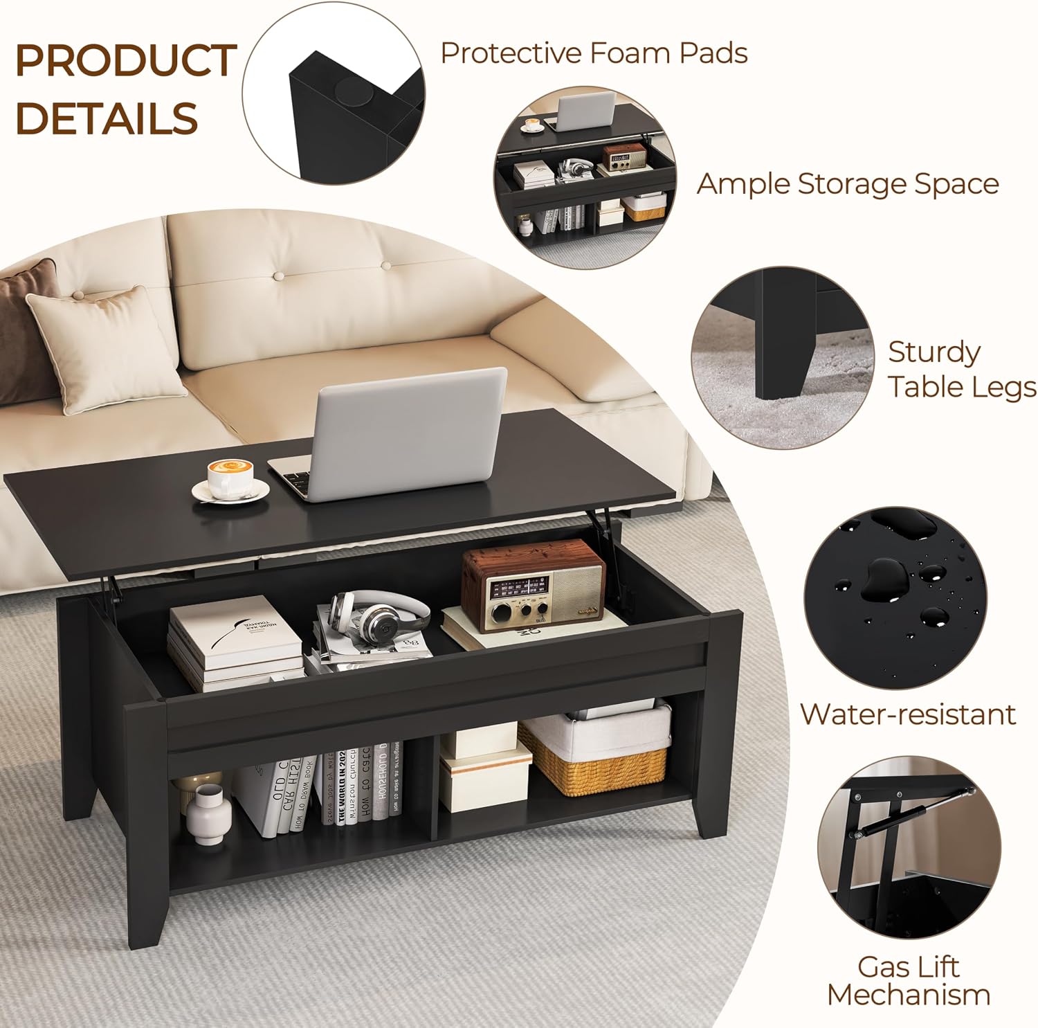 Yaheetech Lift Top Coffee Table with Hidden Storage Compartment Gray 47.5in