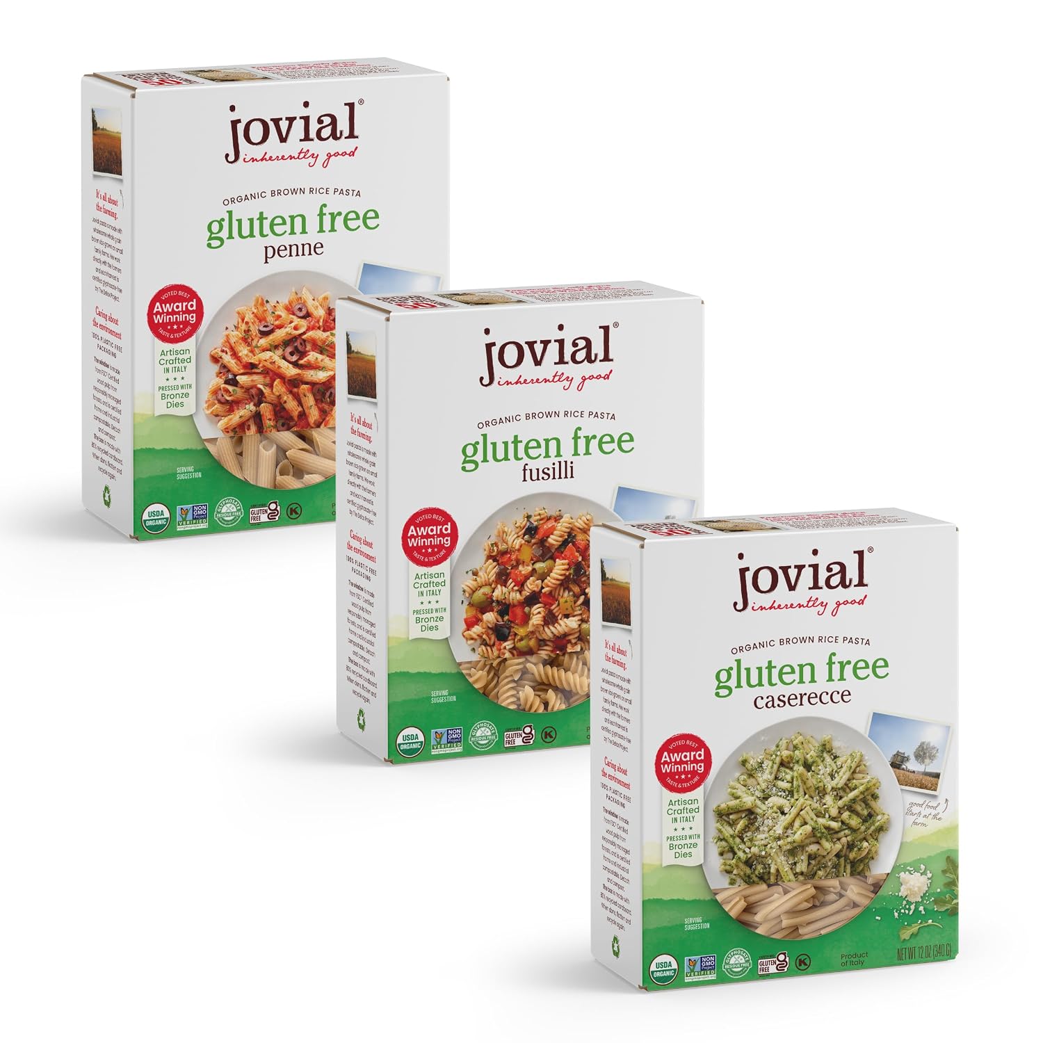Jovial Brown Rice Farfalle, Penne, & Elbows Pasta - Whole Grain Organic Pasta, Gluten Free, Dairy Free, Made in Italy - 12 Oz, 3 Pack Variety