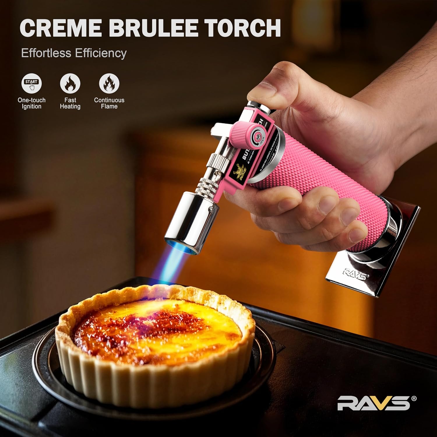 RAVS Butane Torch Lighter, Premium Metal Kitchen Torch with Adjustable Flame & Safety Buckle, Refillable Creme Brulee Torch for Baking, BBQ, DIY