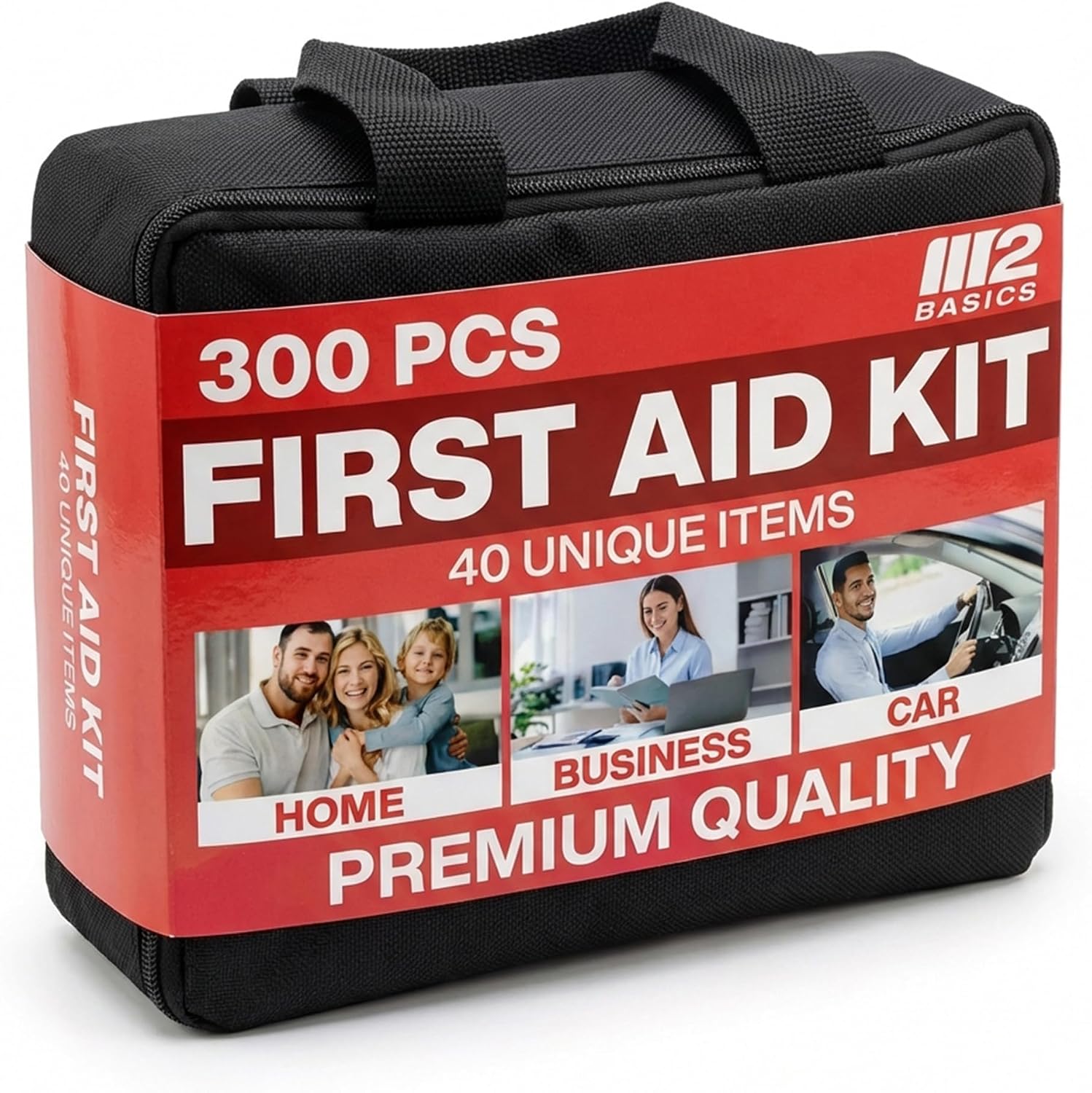 M2 BASICS 300 Piece Premium First Aid Kit w/Durable Bag for Home, Business | Office, Workplace, Car, Garage, Kitchen, Family, Classroom, Jobsite